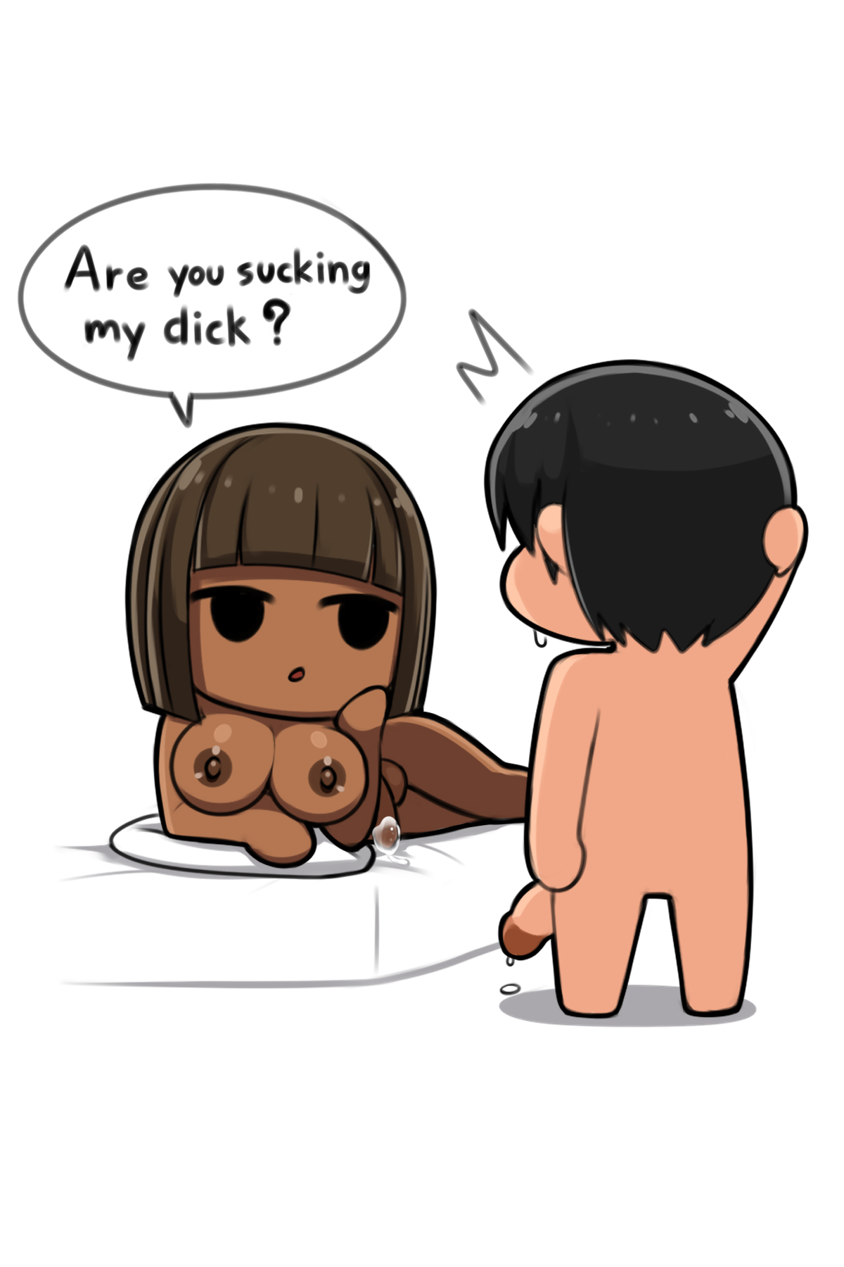 1boy, 1futa, 2d, 2d artwork, areolae, athletic, athletic female, athletic futa, bangs, big breasts, bob cut, breasts, breasts out, bretta (capydiem), brown eyes, brown hair, busty, chibi, cum, dark skin, dark-skinned futa, female, foreskin, futa focus, futanari, hourglass figure, intersex, large breasts, male, navel, nipples, original, original character, penis, penis out, pinup, pinup pose, saberrung, short hair, uncircumcised, wide hips