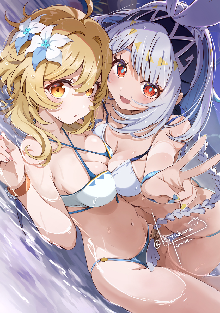 big breasts, breasts, female, genshin impact, light blue hair, lumine (genshin impact), lumine (hot springs) (genshin impact), mualani (genshin impact), natlan girls, tanned