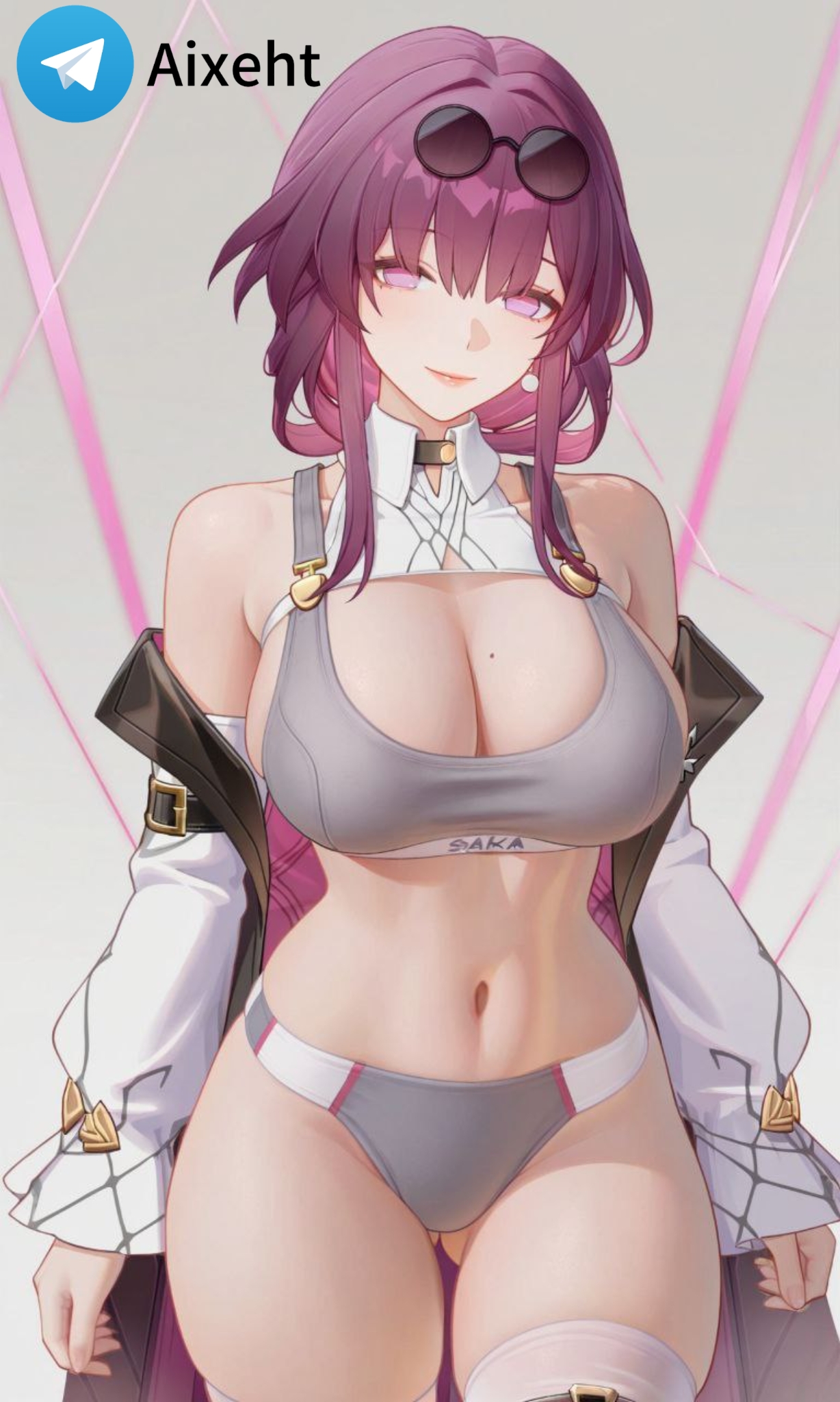 ai generated, bra, breasts, eyewear on head, female, honkai: star rail, kafka (honkai: star rail), large breasts, navel, panties