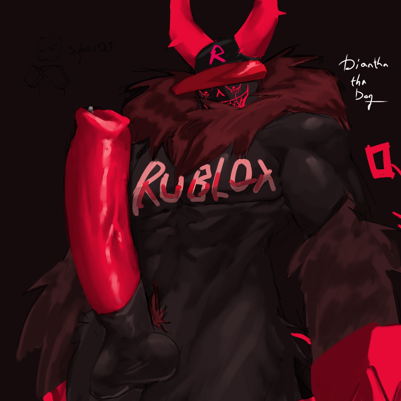 1boy, anthro, artist name, bara, cap, diantha tha dog, equine genitalia, equine penis, forsaken (roblox), fur, guest 666 (forsaken), horse penis, horsecock, i personally like orange juice, male, male only, monster, monster boy, muscular, muscular male, nude, penis, red penis, request, roblox, roblox game, robloxian, tagme, yaoi, your local gay apple juice