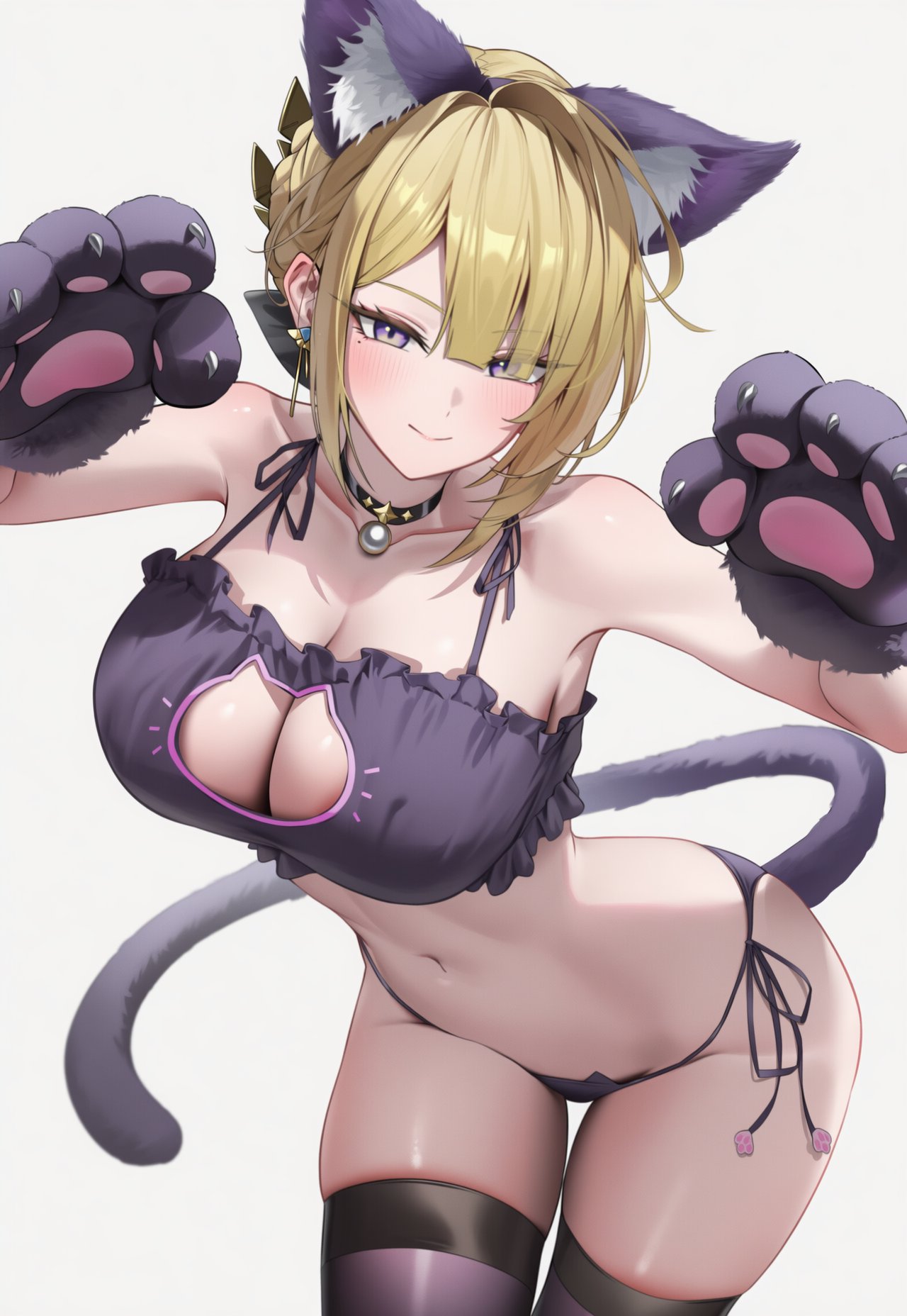 ass, big breasts, bikini, blonde hair, blush, breasts, cat bikini, cat ears, cat lingerie, erotic pose, evelyn chevalier, female, looking at viewer, navel, purple eyes, small ass, zenless zone zero