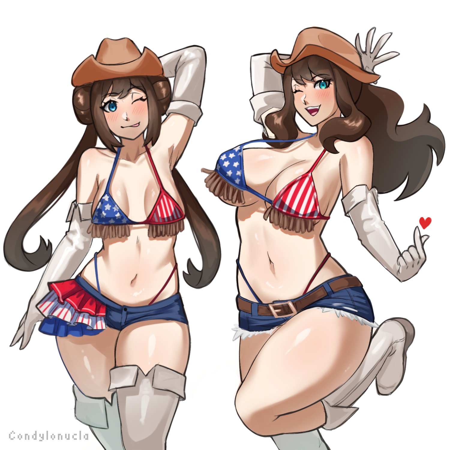 2girls, american flag, american flag bikini, bikini, bikini under clothes, blue eyes, boots, brown hair, condylonucla, cowboy hat, crop top, denim, denim shorts, female, flag, flag bikini, gloves, hat, highres, hilda (pokemon), long hair, mei (pokemon), multiple females, multiple girls, nintendo, pokemon, pokemon bw, pokemon bw2, rosa (pokemon), shorts, swimsuit