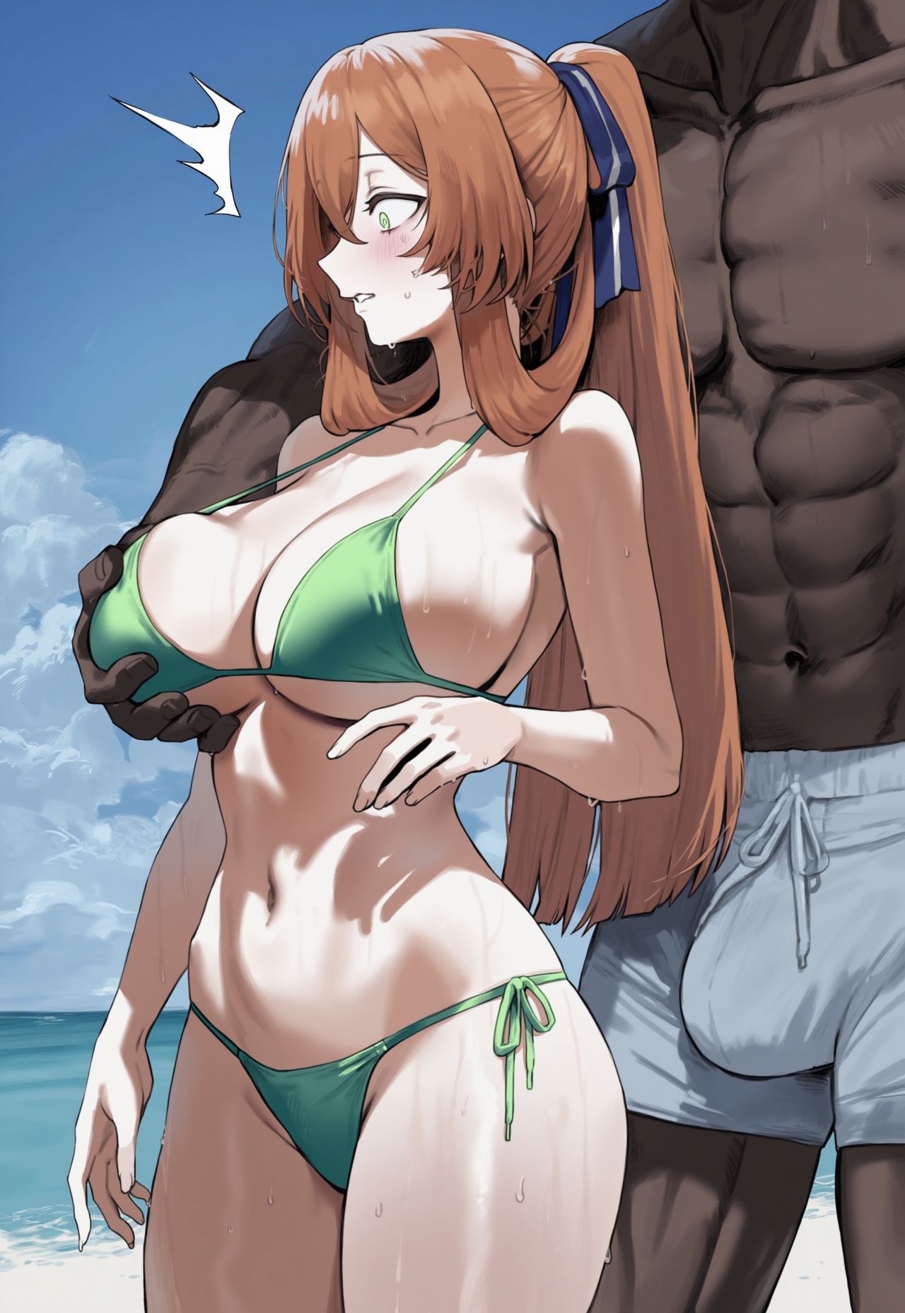 1boy, 1girls, ai generated, ass, beach, big breasts, bikini, breast grab, breasts, brown hair, dark skin, dark-skinned male, female, female focus, girls' frontline, green bikini, green eyes, groping breasts, hips, huge breasts, interracial, large breasts, light skin, light-skinned female, looking at viewer, male, navel, springfield (girls' frontline), surprised, truck kun