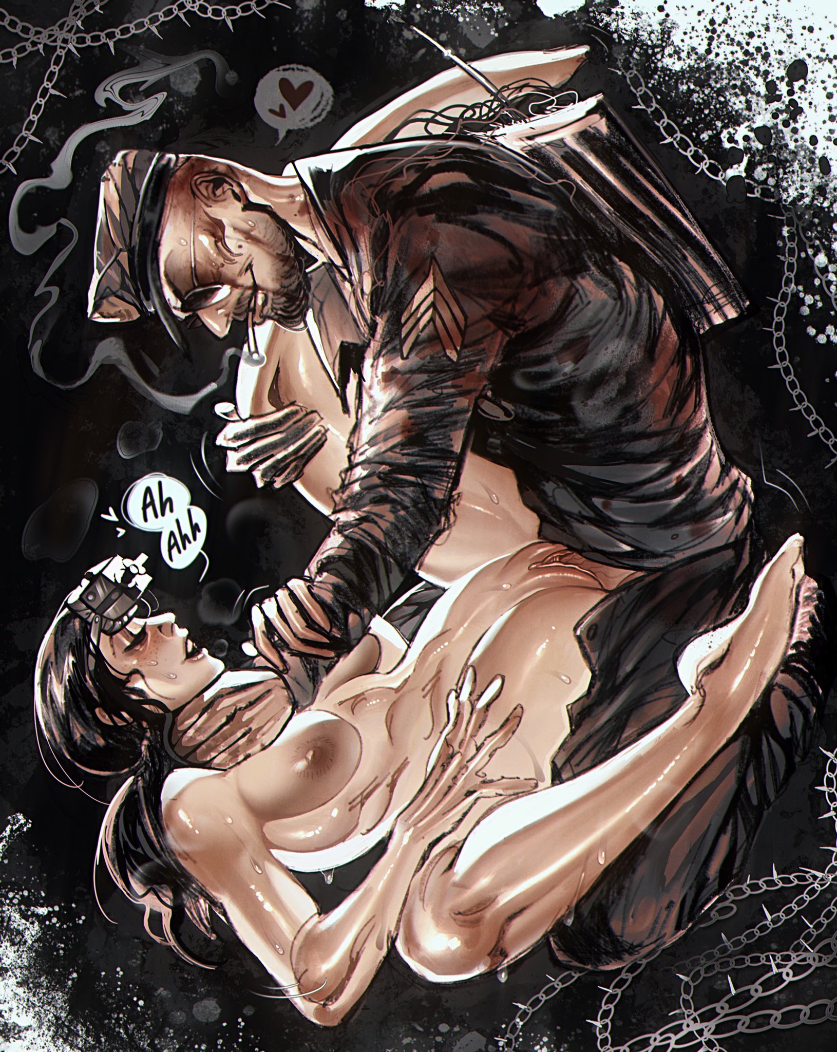 1boy1girl, asphyxiation, breasts, breasts out, choking, dominant, dominant male, domination, femsub, leland coyle, maledom, missionary, missionary position, missionary sex, outlast, outlast trials, penis in pussy, reagent, rough sex, sarahpdraws, submissive, submissive female, tits out, vaginal insertion, vaginal penetration, vaginal sex