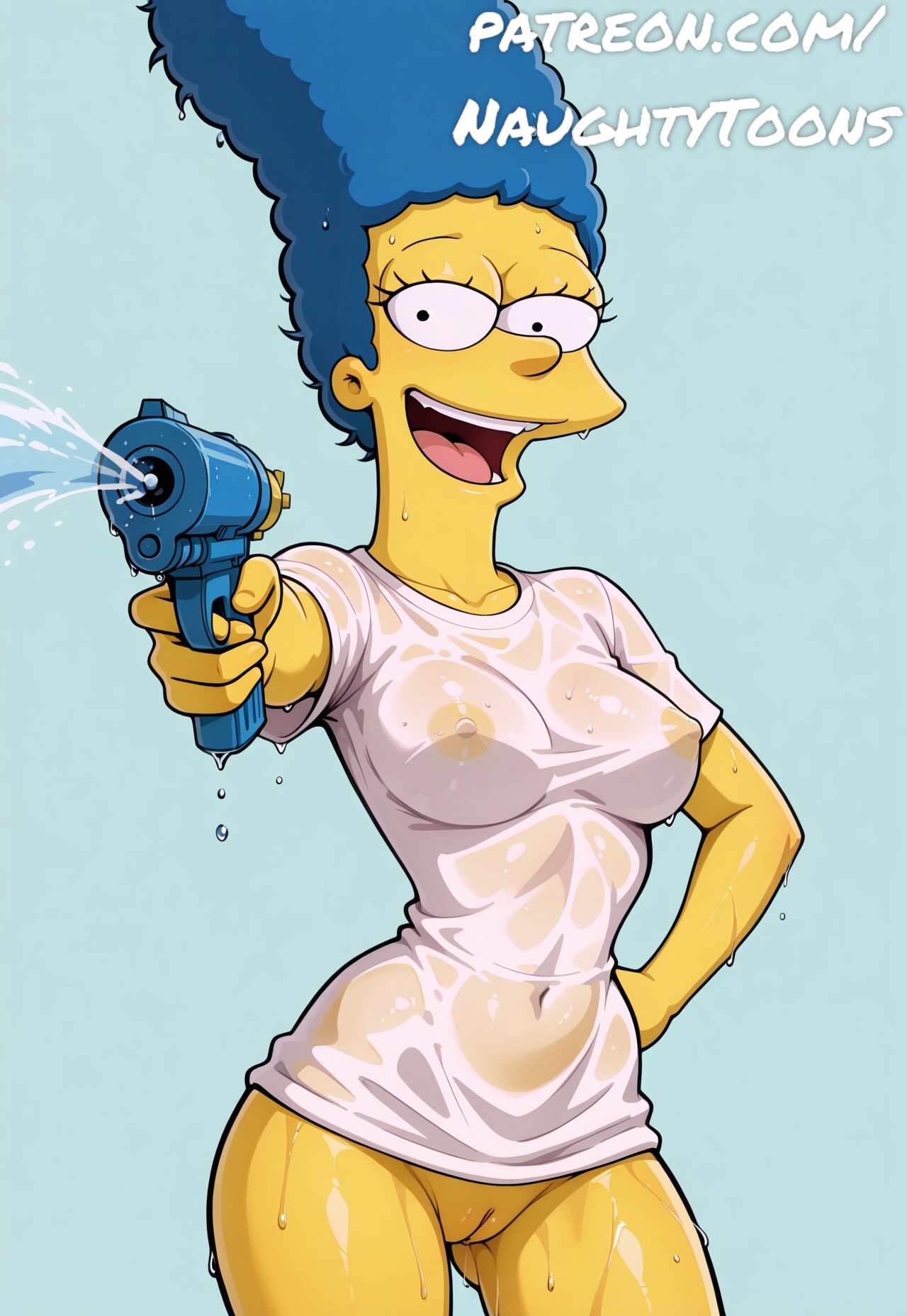 1girls, 20th century fox, 20th century studios, ai generated, blue hair, breasts, clothing, eyelashes, female, female only, gun, hourglass figure, human, human only, looking at viewer, mammal, marge simpson, mature, mature female, milf, nipples, nipples visible through clothing, open mouth, pistol, pussy, shirt, solo, solo female, solo focus, the simpsons, water, water gun, wet, wet body, wet clothes, wet t-shirt, yellow skin