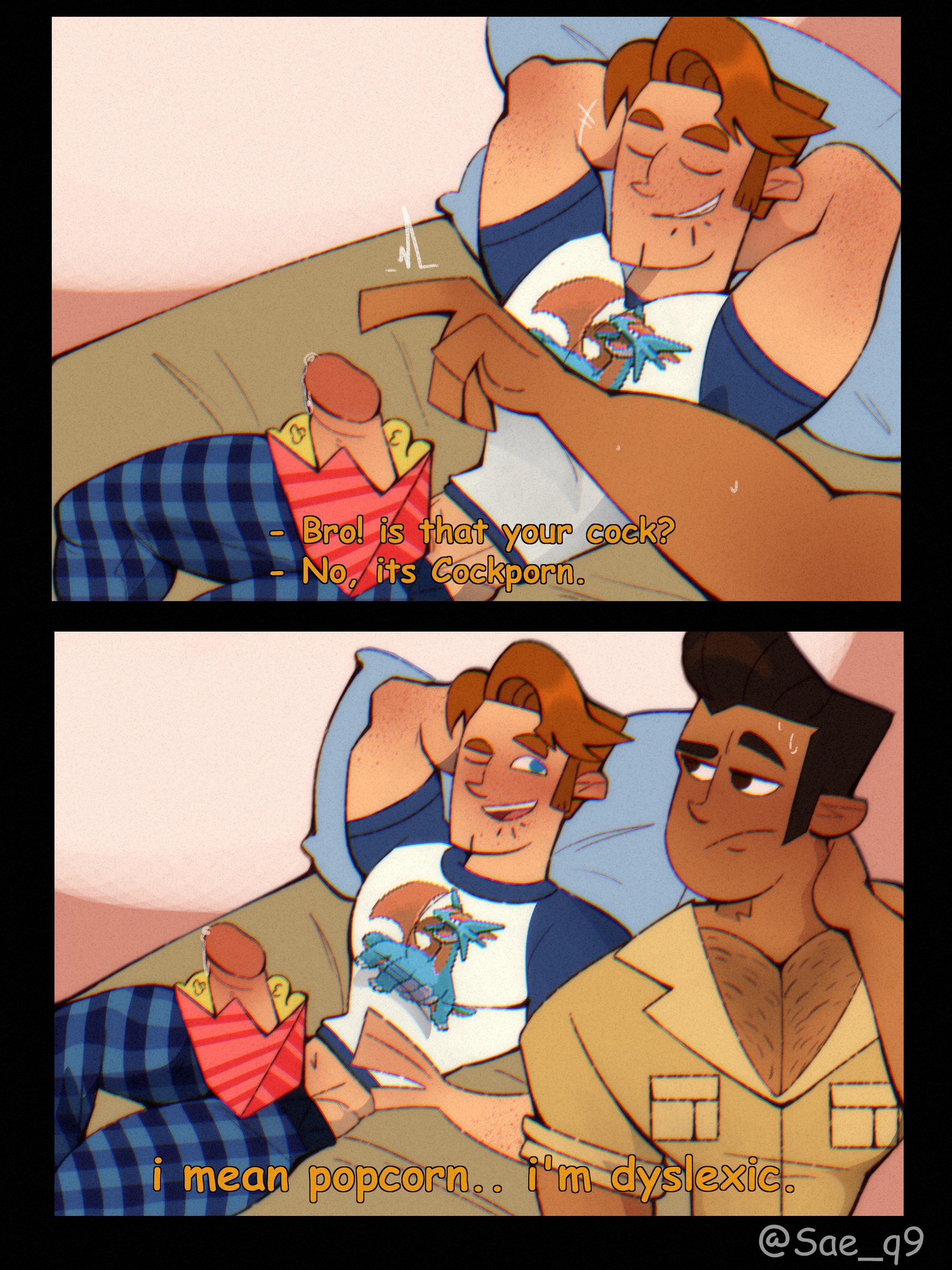 2boys, artist name, bara, blush, dark-skinned male, diego (disventure camp), diego olivo, disventure camp, disventure camp: carnival of chaos, english text, erect penis, erection, gay, latino, light-skinned male, logan (disventure camp), logan bell, male, male focus, male only, muscular, muscular chest, muscular male, on bed, pecs, pectorals, penis, penis in popcorn bucket, pillow, popcorn, sae q9, shirt, text, yaoi