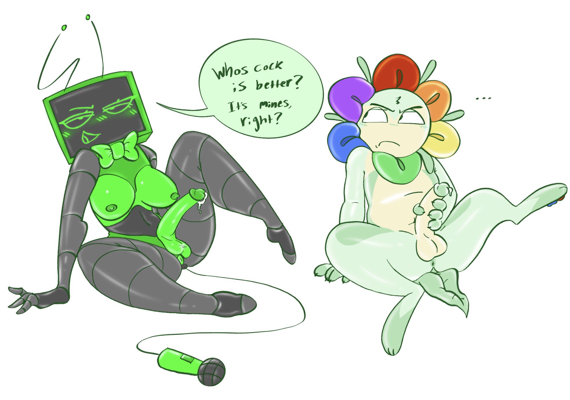 1boy1girl, 2026, annoyed, annoyed expression, antenna hair, antennae, anthro, anthro female, anthro male, anus, anus peek, areolae, belly, big penis, blushcrunch studio, breasts, breasts out, cizzypop, dandy (dandy's world), dandy's world, dialogue, female, futa with male, futanari, green nipples, green penis, hand on penis, jerking, jerkingoff, long penis, looking at another, looking at partner, looking at viewer, male, masturbation, microphone, nipples, object head, penis, precum, ribbon, roblox, roblox game, robot, robot girl, robot humanoid, sitting, spread legs, talking to viewer, thighs, tv, tv head, tv woman, twitter link, vee (dandy's world), white background