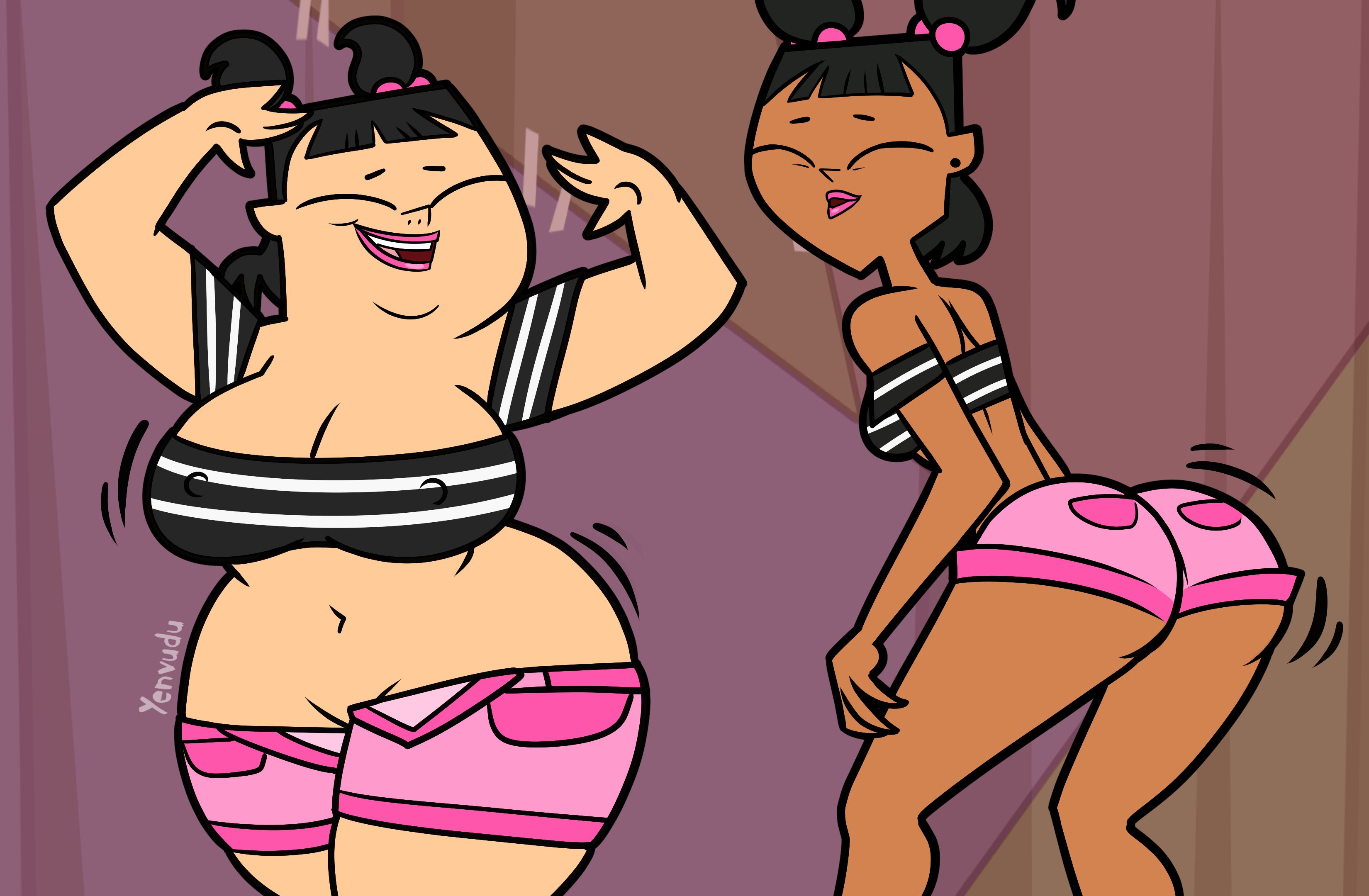 2d, 2girls, ass, athletic, athletic female, bare midriff, black hair, breasts, bubble ass, bubble butt, busty, chubby, chubby female, cleavage, dancer, dark skin, dark-skinned female, erect nipples, female, hourglass figure, katie (tdi), light skin, light-skinned female, navel, nipple bulge, nipples, sadie (tdi), short shorts, skimpy, skimpy clothes, total drama island, twerking, twintails, wide hips, yenvudu