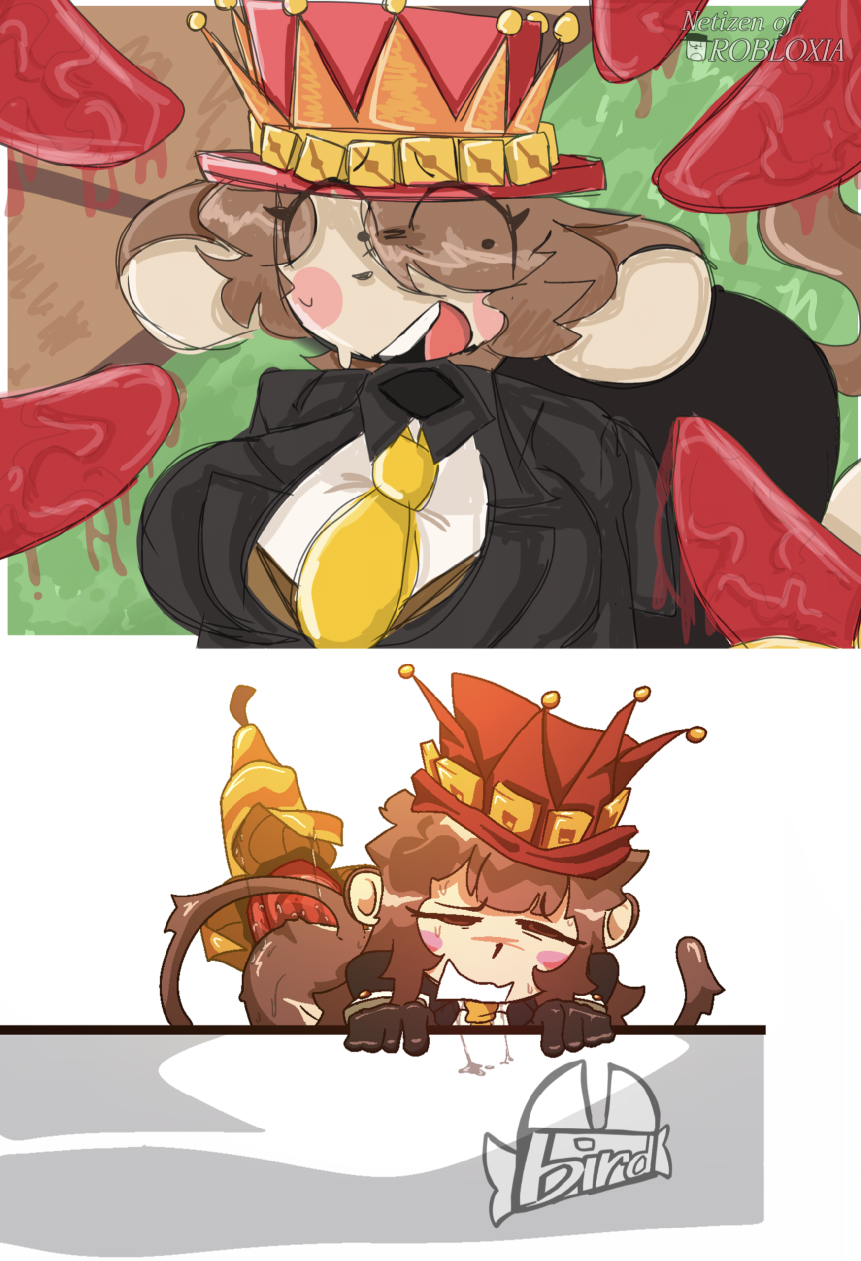 art collab, big breasts, breasts, female, grow a garden, haplorhine, jandel, monkey, netizen, object insertion, primate, roblox, roblox avatar, roblox developer, roblox game, robloxian, rule 63, self upload, suit, tagme, watermark