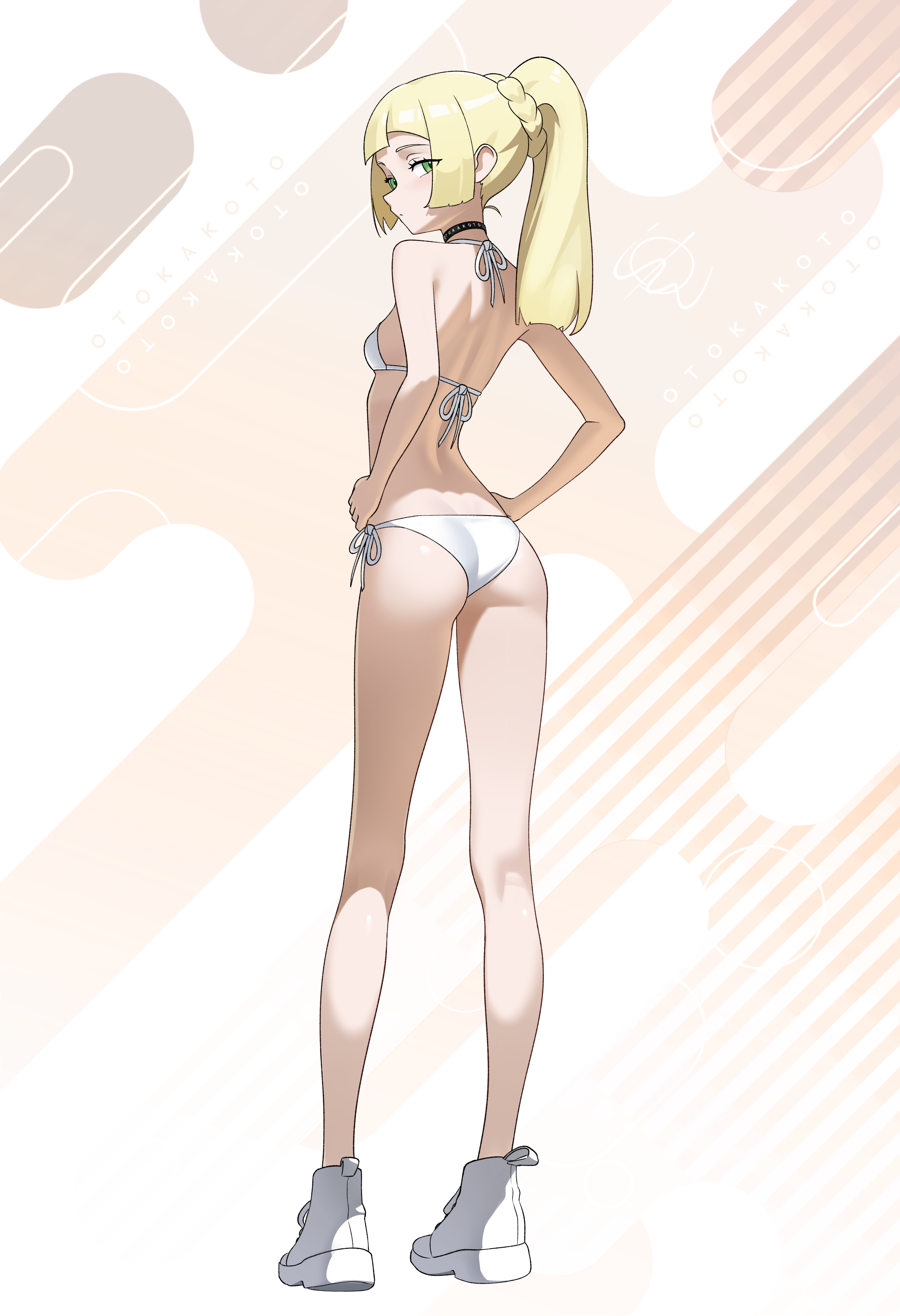 1girls, absurdres, ass, back, bikini, black choker, blonde hair, breasts, brown background, choker, commentary, english commentary, female, full body, green eyes, highres, lillie (pokemon), looking at viewer, looking back, medium hair, nintendo, otokakoto, pokemon, pokemon sm, ponytail, shoes, side-tie bikini bottom, small breasts, sneakers, solo, standing, striped background, swimsuit, white background, white shoes