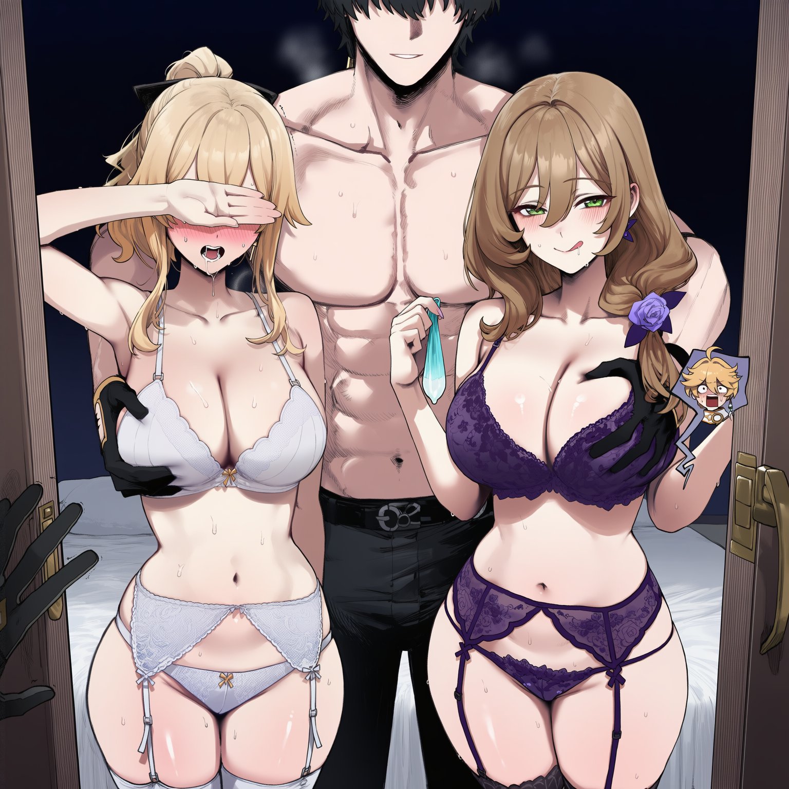 1boy, 2boys, 2girls, abs, aether (genshin impact), after sex, ai assisted, ai generated, bed, bedroom, blonde hair, blue eyes, breast grab, breasts, brown hair, bully, bullying, condom, crossover, cucked by rival, cuckold, cuckolding, dominant, dominant male, female, ffm threesome, garter belt, garter straps, genshin impact, groping, groping breasts, groping from behind, hiding face, huge breasts, implied sex, jean gunnhildr, lace, lace trim, lingerie, lisa (genshin impact), male, male rover (wuthering waves), muscular, muscular male, netorare, ntr, open door, opening door, pants, purple underwear, rover (wuthering waves), scared, shocked, spoken character, taller male, thick, thick hips, thick legs, thick thighs, thighhighs, threesome, trembling, truck kun, truck-kun art, underwear, used condom, walk-in, white underwear, wide hips, wuthering waves
