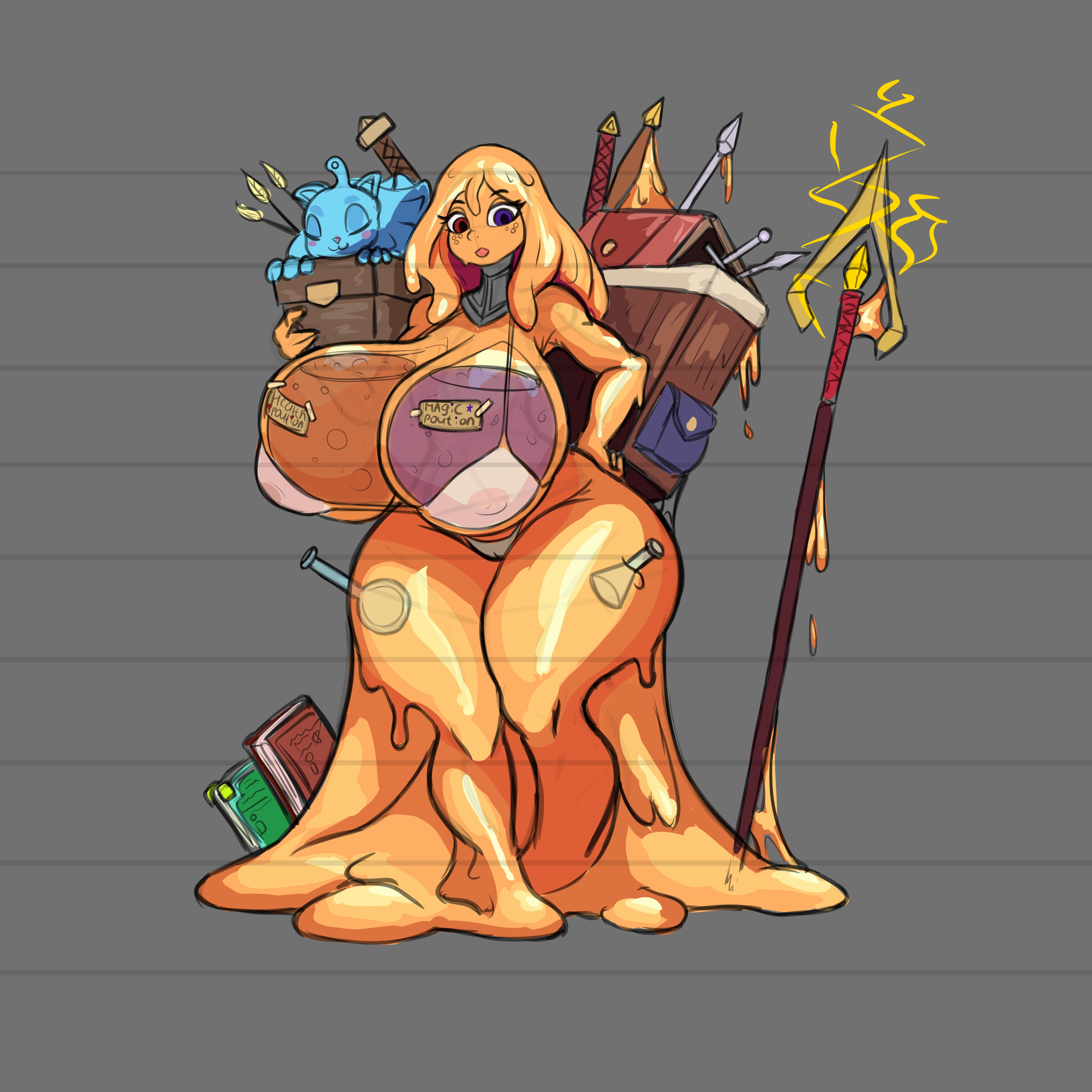 arsfromnowhere (artist), ass, big breasts, breasts, breasts full of milk, female, gigantic breasts, goo, goo creature, huge breasts, merchant, milf, mommy, mommy kink, orange body, potion, potion bottle, sketch, slime, slime (substance), slime girl, slime hair, thick, thick ass, thick legs, wide hips