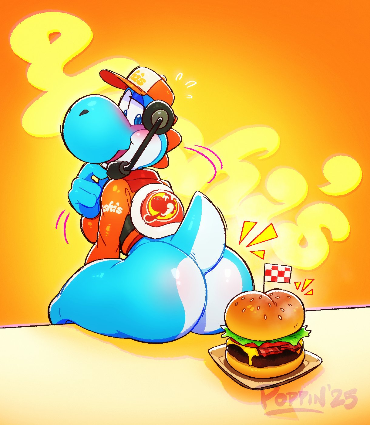 4 fingers, anthro, ass, bacon, beef, blush, blushing, burger, cyan body, cyan yoshi, dash food, food, hamburger, hamburger bun, hat, headgear, headwear, lettuce, logo, mario (series), mario kart, mario kart world, meat, melted cheese, nintendo, poppin, sesame seeds, tail, tomato, yoshi, yoshi (food slinger)