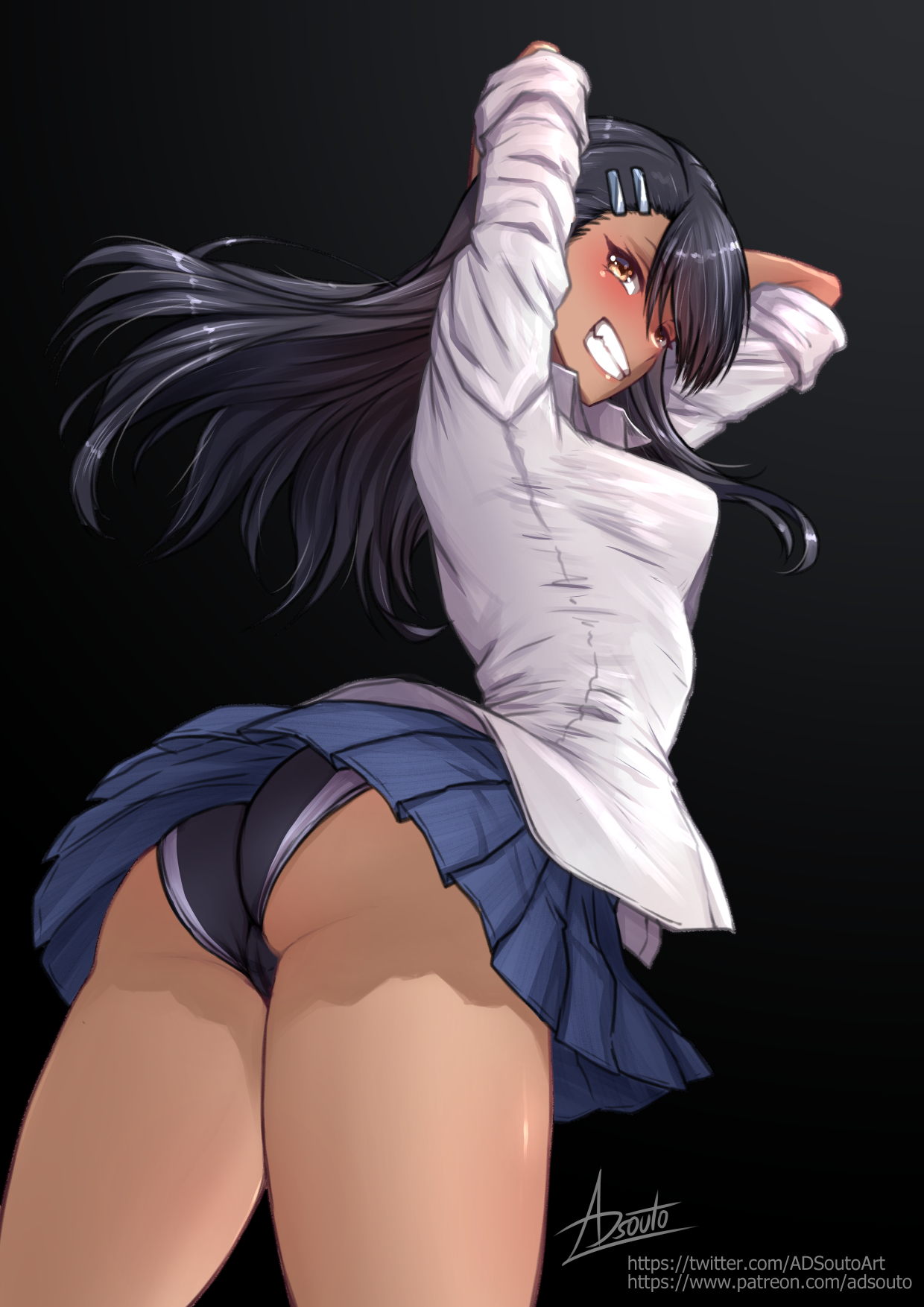 adsouto, arms up, ass, asymmetrical bangs, black hair, blue skirt, breasts, female, grin, hair ornament, hairclip, hayase nagatoro, highres, long hair, medium breasts, miniskirt, panties, please don't bully me, nagatoro, school uniform, shirt, signature, skirt, smile, solo, standing, tan, teenager, underwear, upskirt, white shirt, yellow eyes