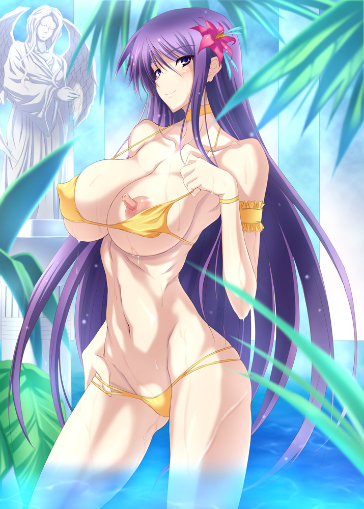 bikini blush breast_slip breasts female flower hair_ornament large_breasts long_hair long_nipples nanakorobi_yaoki nipples one_breast_out purple_eyes purple_hair smile solo statue swimsuit tropical very_long_hair water wet