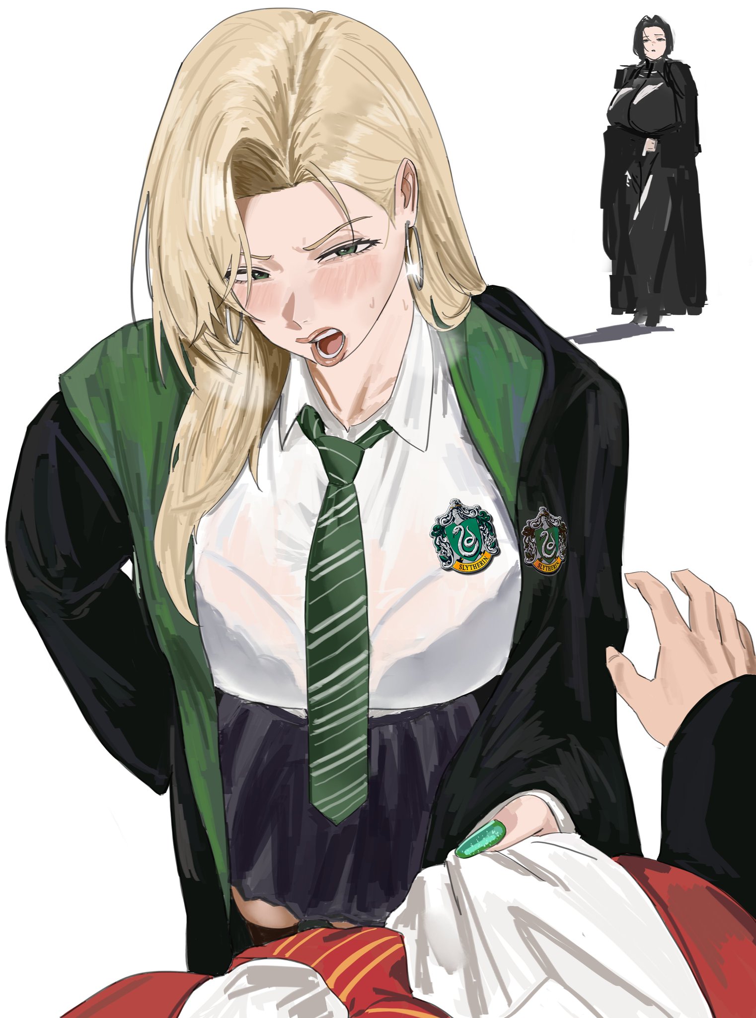 1boy, 2026, 2d, 2d (artwork), 2girls, big breasts, blonde hair, blush, breasts, draco malfoy, draco malfoy (redteneri), earrings, female, genderswap, genderswap (mtf), green nails, harry james potter, harry potter, hi res, highres, hoop earrings, huge breasts, large breasts, light-skinned female, long hair, male, mugi (mugit49), nail polish, school uniform, severus snape, shirt grab, skirt