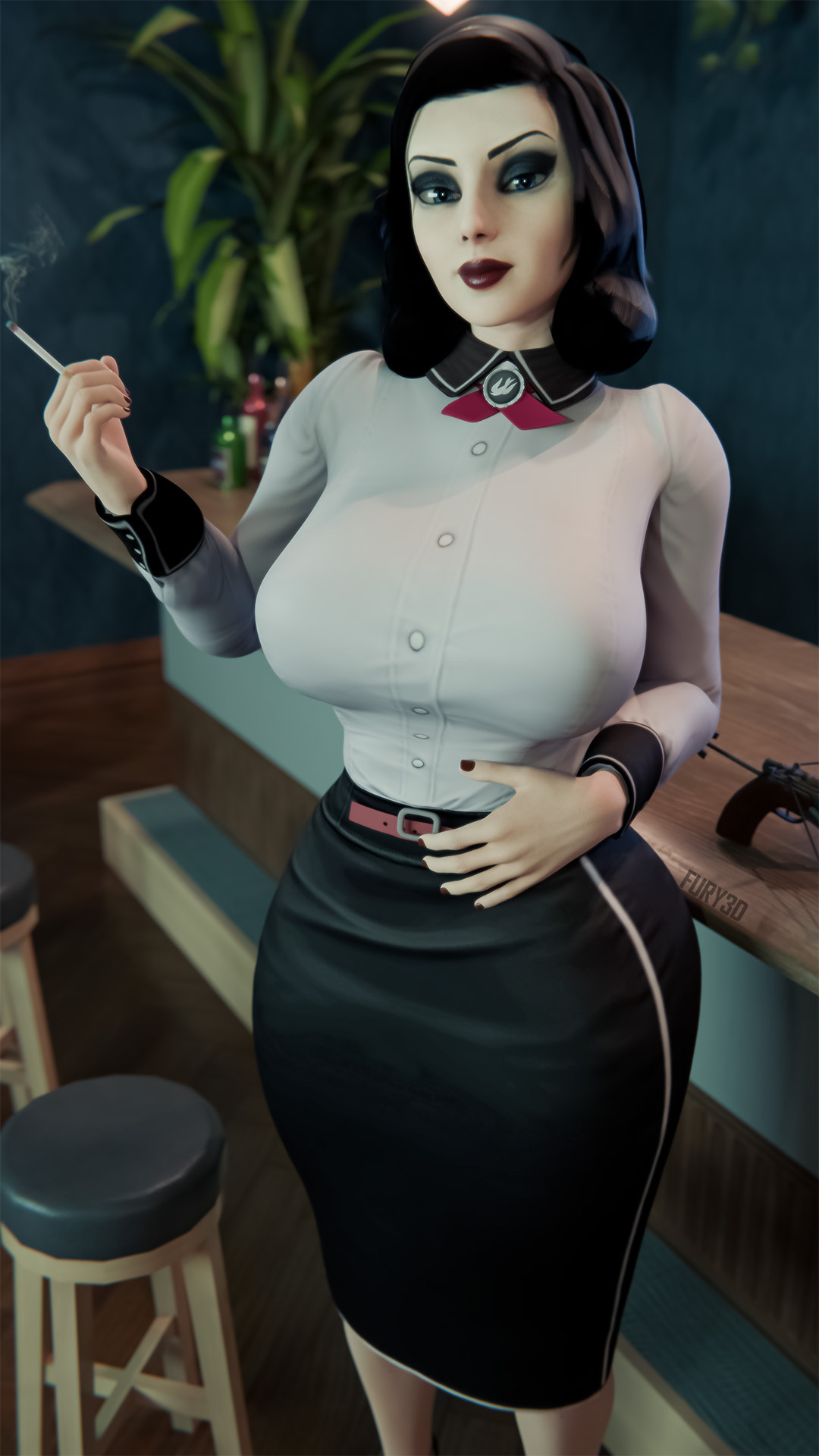 3d, big breasts, bioshock, bioshock infinite, black hair, blue eyes, breasts, burial at sea, busty, elizabeth comstock, elizabeth comstock (burial at sea), eyeshadow, female, fury3d, hourglass figure, light skin, light-skinned female, long hair, makeup, mascara, nail polish, pale skin, pale-skinned female, shirt, skirt, tagme, wide hips
