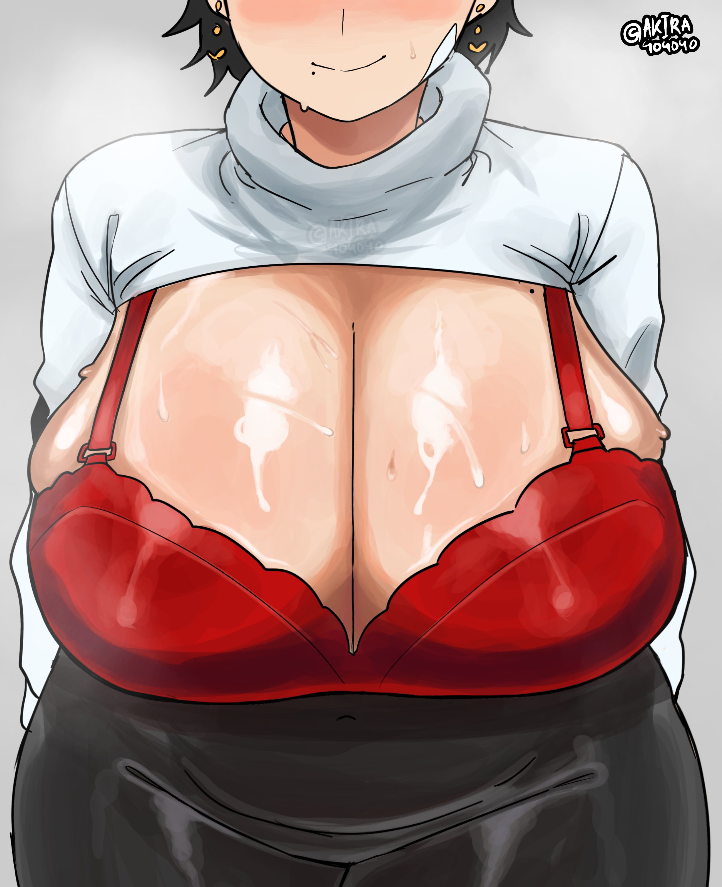 akira404040, bra, breasts, female, neru (akira404040), red, red bra, shirt up, sweaty, sweaty breasts