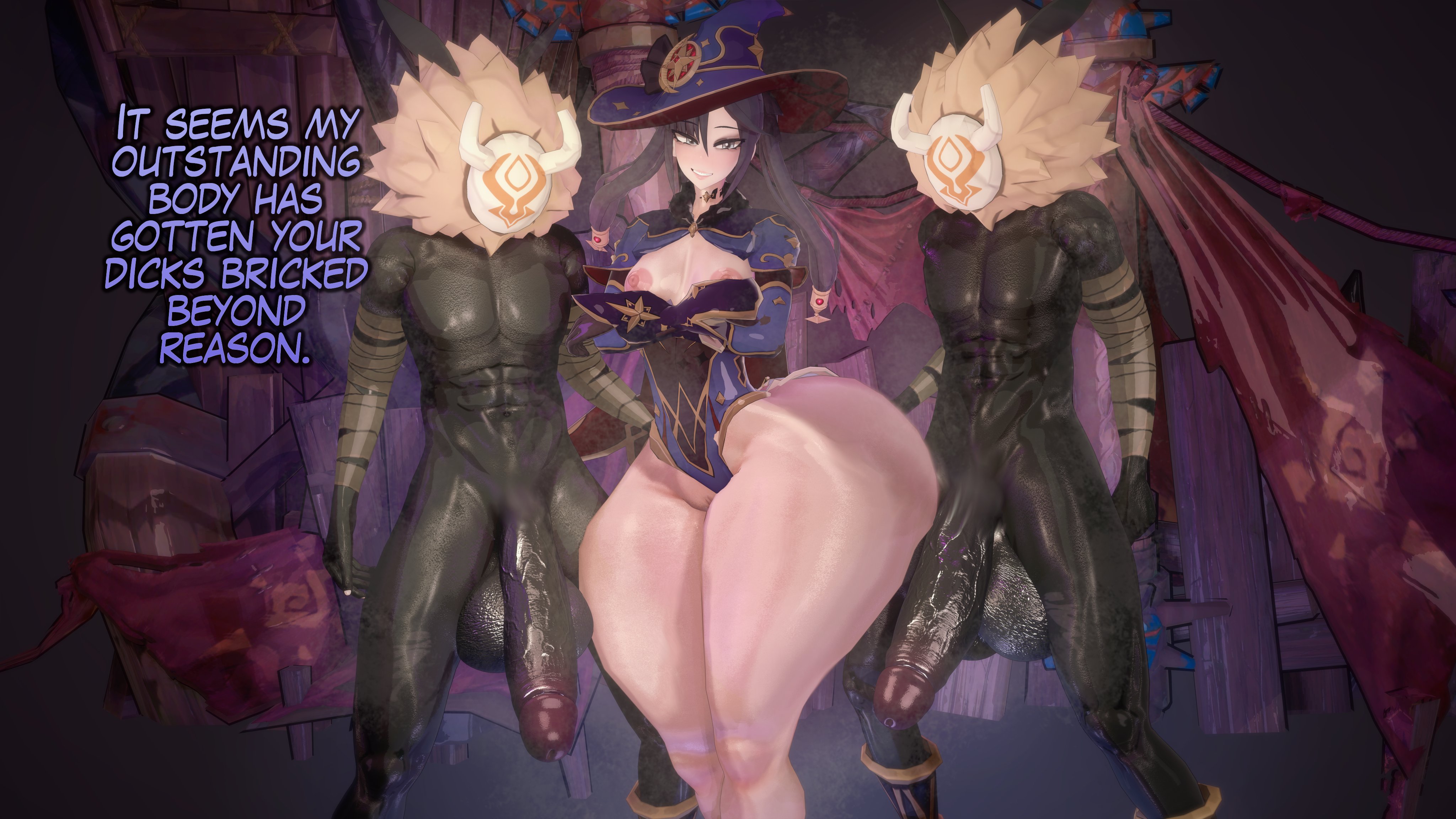 ass, big ass, big penis, genshin impact, hilichurls (species), huge ass, huge penis, hyper ass, kurec, male, mona (genshin impact), multiple boys, multiple males, penis, text, uncensored