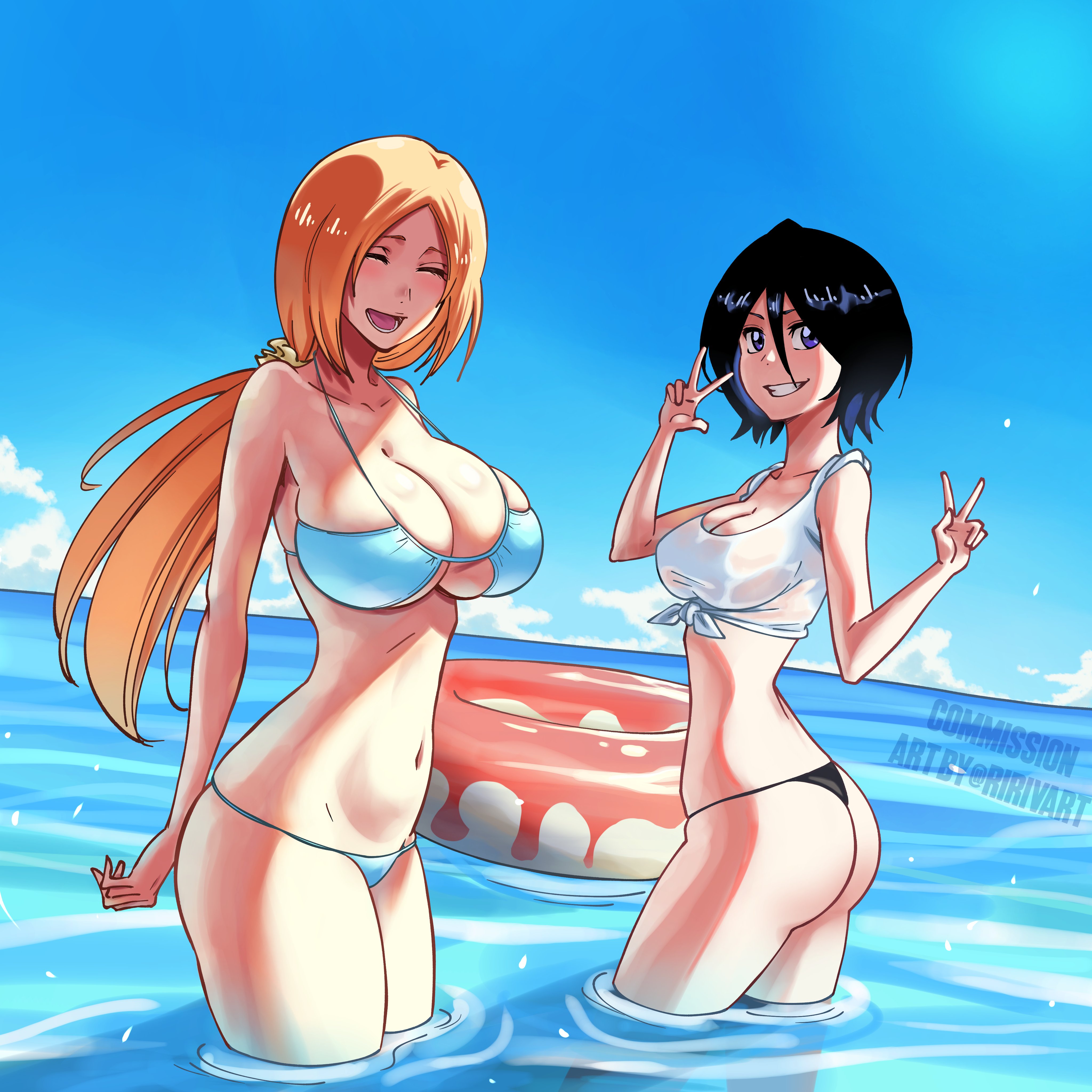 2girls, artist name, bare shoulders, beach, bikini, black hair, black-haired female, bleach, blush, breasts, brown eyes, closed eyes, collarbone, commission, crop top, female, female only, hair ornament, hair scrunchie, inoue orihime, kuchiki rukia, large breasts, long hair, medium hair, multiple females, multiple girls, ocean, open mouth, orange hair, orange-haired female, partially submerged, peace symbol, ririvart, scrunchie, small breasts, standing in water, swim ring, swimsuit, teeth, water