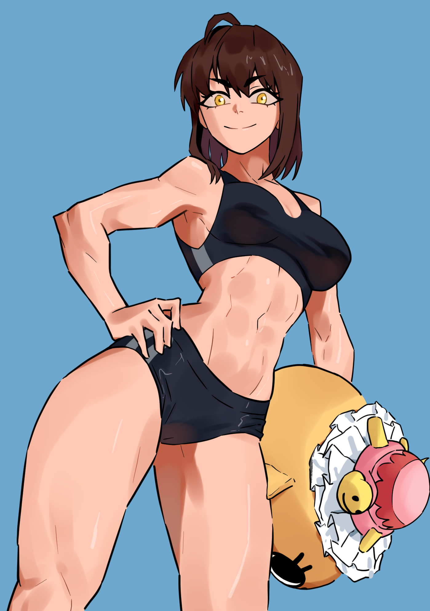 1girls, abs, athletic, athletic female, belly button, breasts, brown hair, chiitan, dingotoad, female, female focus, female only, mascot head, navel, sports bra, sportswear, thighs, tomboy, yellow eyes
