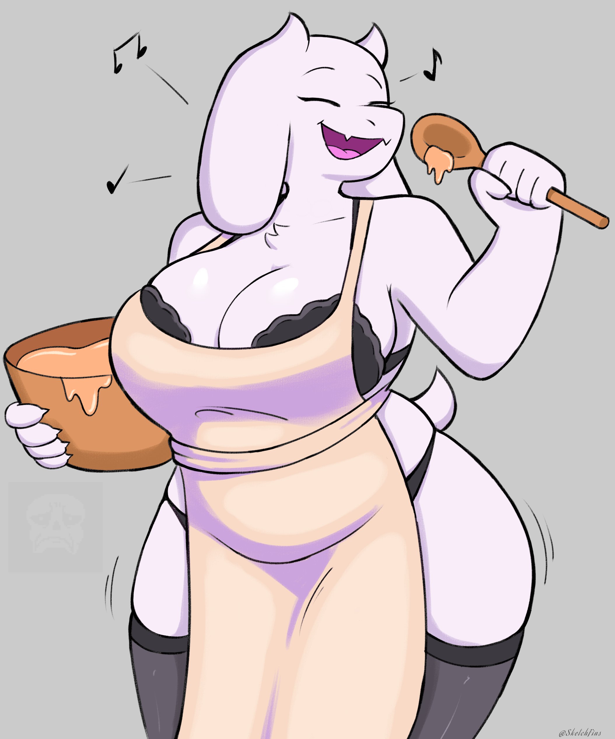 apron, black bra, black panties, bra, breasts, deltarune, female, goat, milf, panties, singing, sketchfins, small tail, tail, thick thighs, toriel, undertale, undertale (series), white fur
