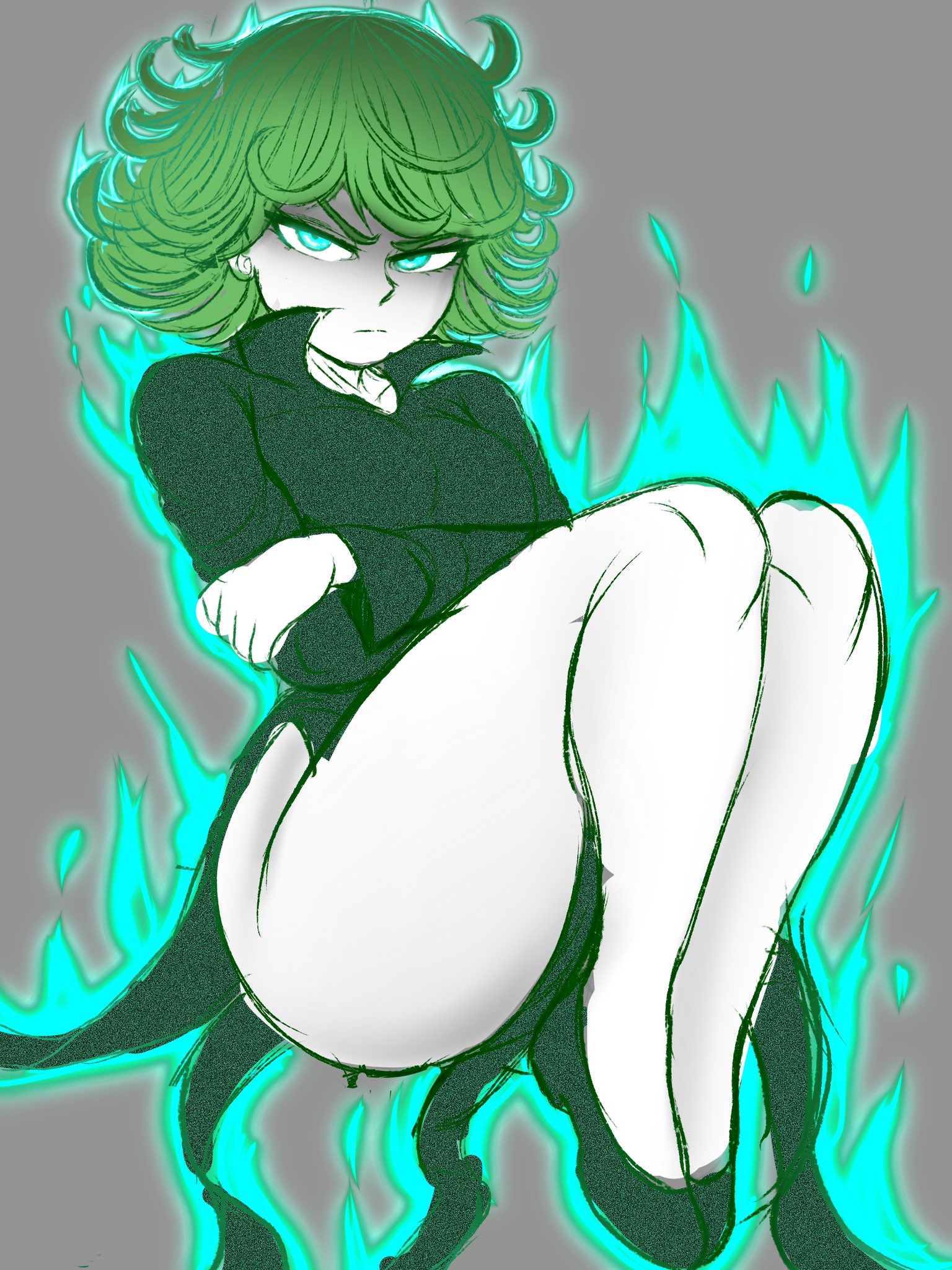 1girls, angry expression, arms crossed, aura, glowing, glowing eyes, green hair, kwalker1009, legs, one-punch man, pale skin, petite, shoes, sketch, small breasts, superheroine, tatsumaki, thick thighs, thighs