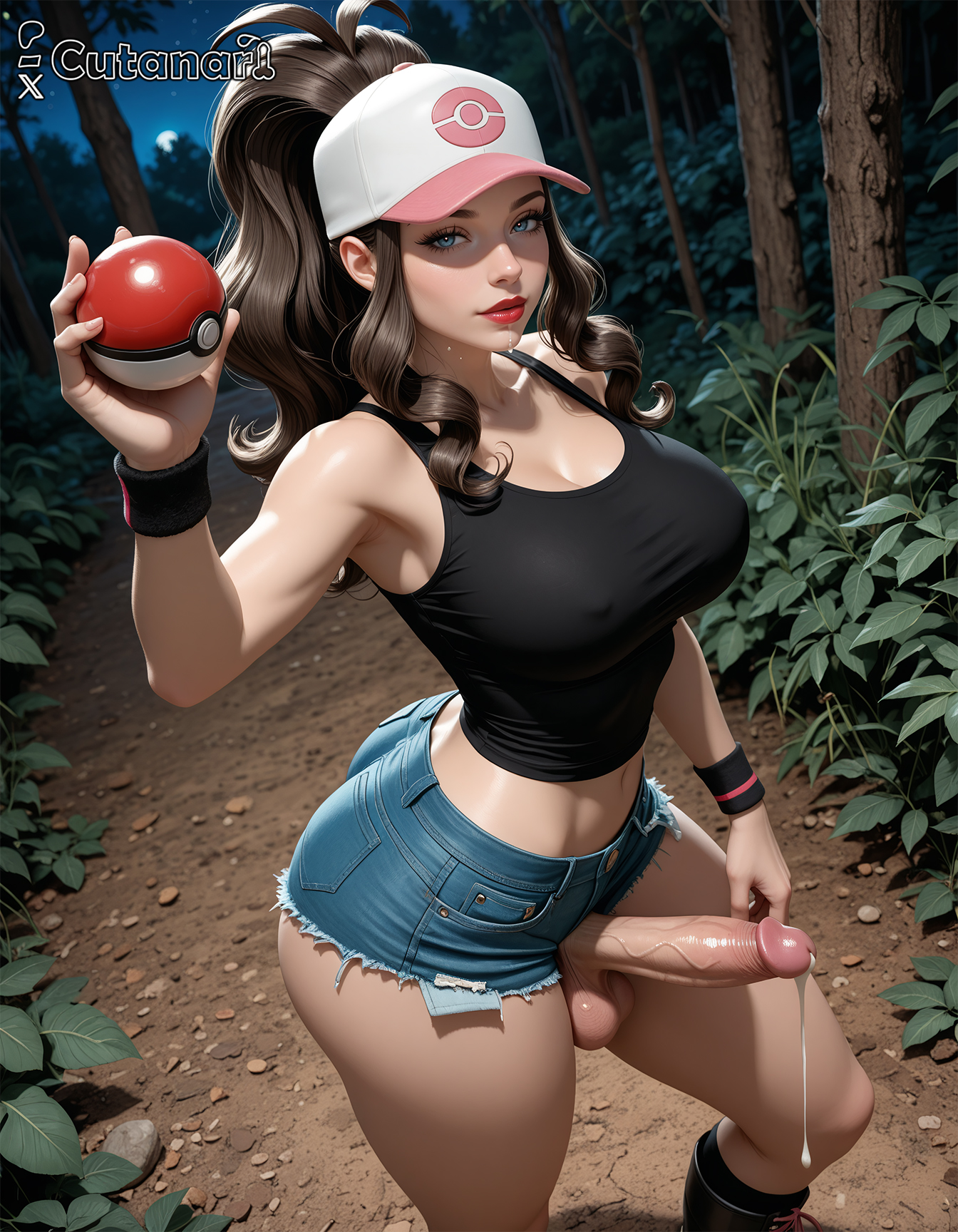 1futa, abs, ai generated, armpits, balls, big balls, big breasts, breasts, curvy, cutanari, dickgirl, futa only, futa sans pussy, futanari, hilda (pokemon), intersex, looking at viewer, nipples, nude, penis, perfect body, pokeball, pokemon, ready to fuck, small waist, smile, solo, tan skin, testicles