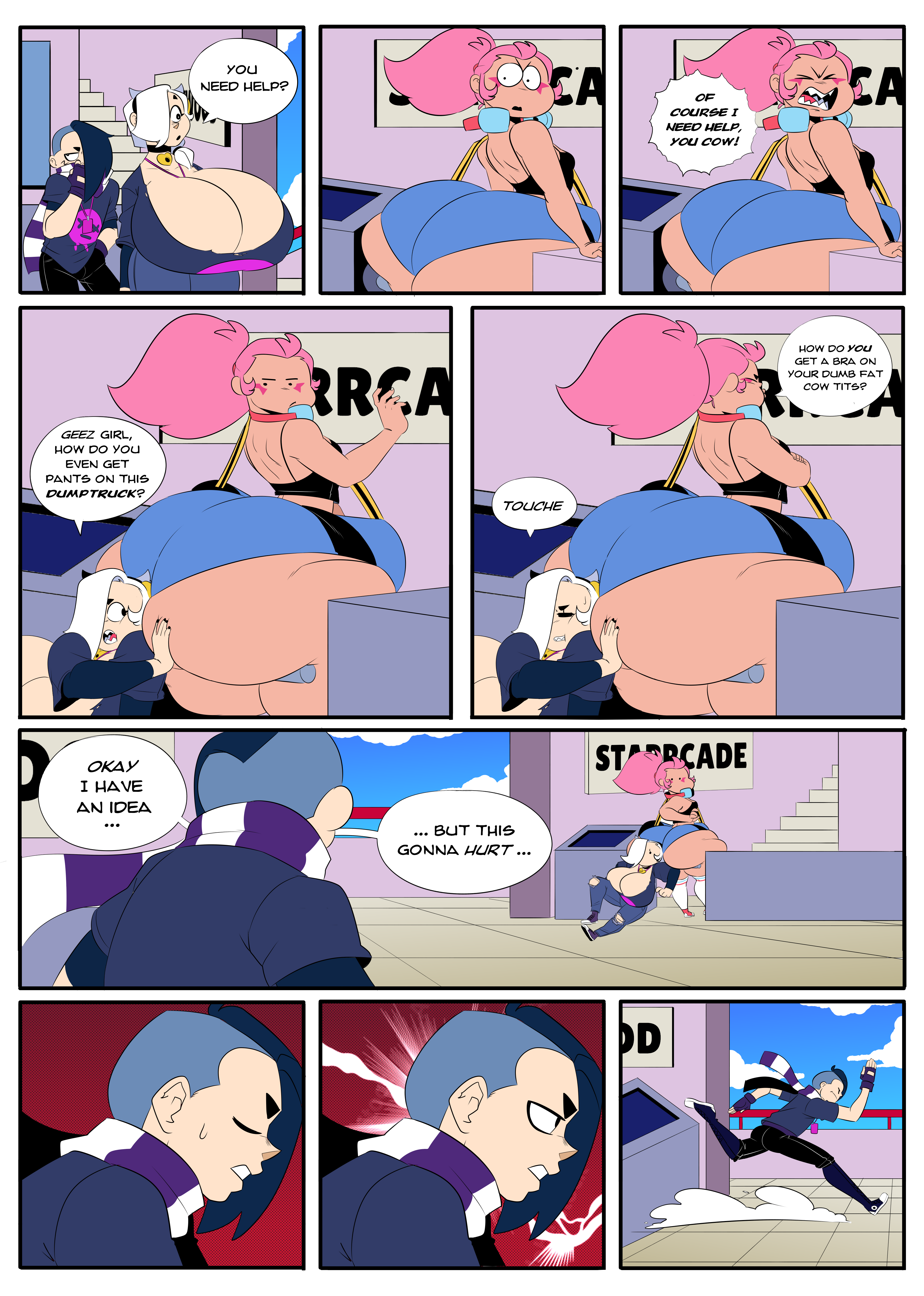 2girls, aged up, ass, ass too big, ass vs breasts, big ass, big ass humiliation, big breast humiliation, big breasts, big butt, bottom heavy, brawl stars, breasts, bubble butt, colette (brawl stars), edgar (brawl stars), elpiromanias, fat ass, female, gym clothes, huge ass, huge breasts, huge butt, inconvenient ass, janet (brawl stars), large ass, pink hair, size difference, stuck, stuck in object, text, thick ass, turnstile, turnstylz