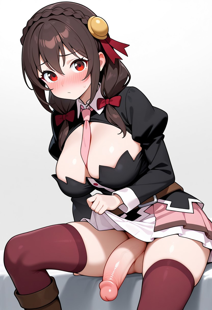 ai_generated big_ass big_breasts big_hips big_penis blush brown female futa_only futanari hair konosuba large_penis red_eyes shiny_skin solo stable_diffusion yunyun_(konosuba)