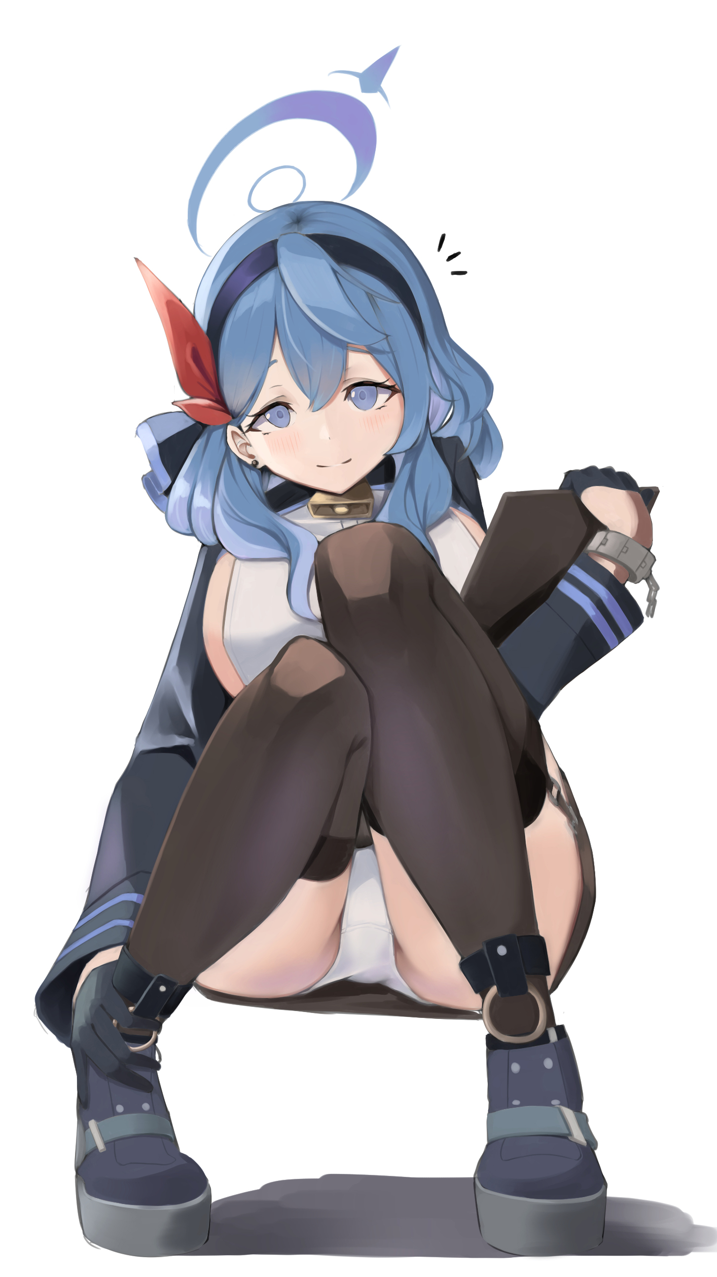 1girls, absurdres, akinoji (akiponpon27), ako (blue archive), ass, black thighhighs, blue archive, blue eyes, blue gloves, blue hair, blue hairband, blue halo, blue shoes, blush, breasts, closed mouth, female, gloves, hair between eyes, hairband, half gloves, halo, highres, large breasts, panties, pantyshot, partial commentary, red ribbon, ribbon, shirt, shoes, sideboob, sideless shirt, simple background, smile, solo, thighhighs, underwear, white background, white panties, white shirt
