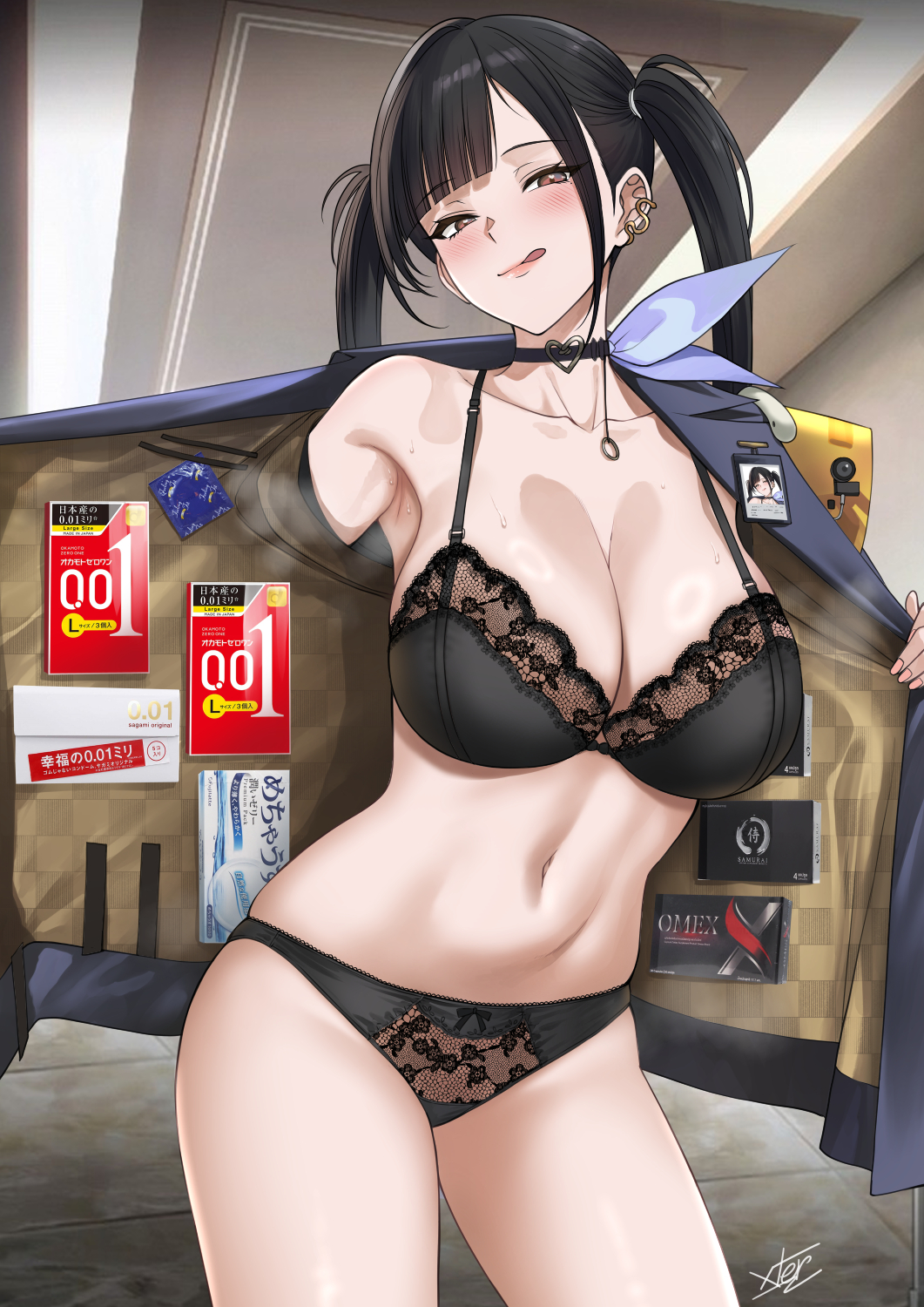 1girls, armpits, bare shoulders, black bra, black hair, black jacket, black panties, blush, bow panties, bra, brown eyes, choker, collarbone, condom, condom box, condom wrapper, cowboy shot, ear piercing, female, goddess of victory: nikke, hi res, lace trim, lace-trimmed bra, lace-trimmed panties, long hair, looking at viewer, navel, necklace, open clothes, panties, seductive look, smile, solo, solo female, sora (nikke), steam, stomach, twintails, underwear, watermark, xtermination