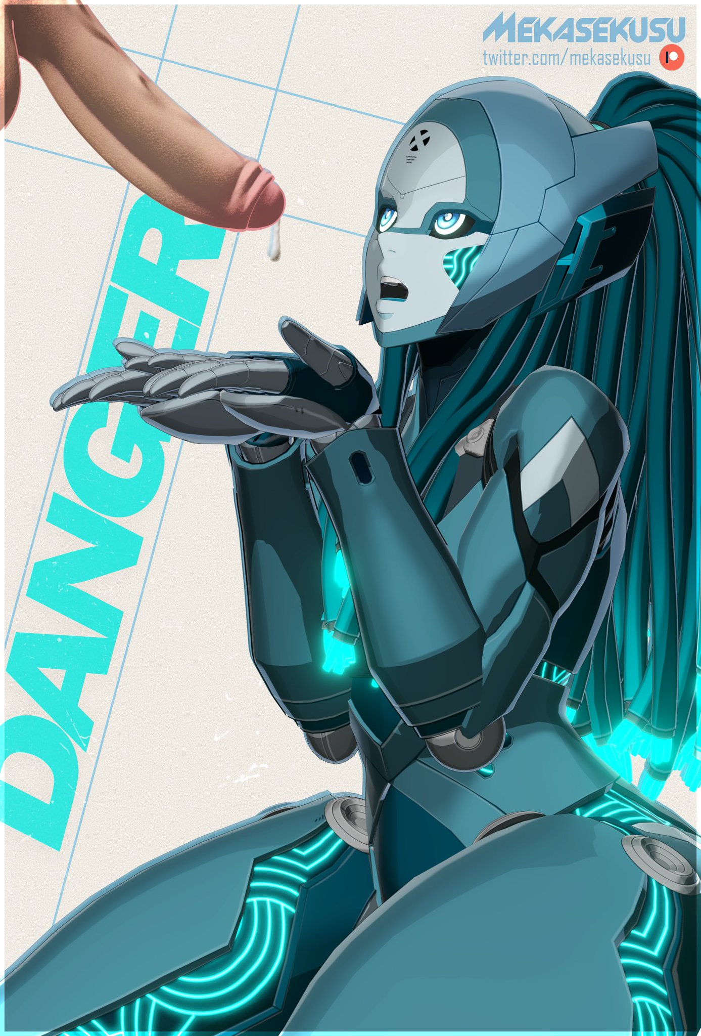 1boy, 1boy1girl, 1girls, 1girls1boy, 3d, 3d (artwork), begging, begging for cum, blender, cum, cum drip, danger (marvel tokon), danger (marvel), floating penis, hands, marvel, marvel comics, marvel tokon: fighting souls, mekasekusu, offscreen male, on knees, open mouth, penis, robot, robot girl, robot humanoid, twitter link, twitter username, watermark