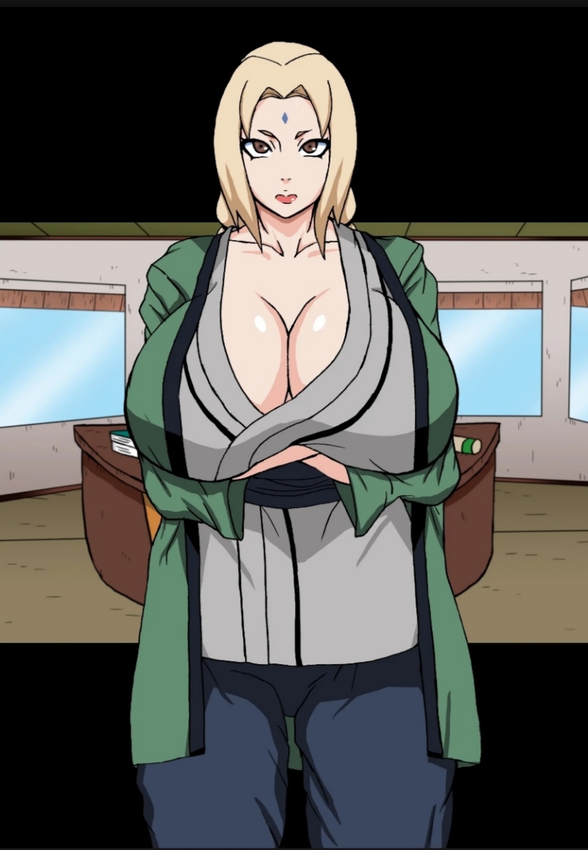 2d, arms under breasts, blonde hair, breast hold, breasts, brown eyes, cleavage, collarbone, crossed arms, facial mark, female, forehead mark, full color, fully clothed, huge breasts, japanese clothes, kimono, lipstick, long hair, looking at viewer, naruho, naruto, naruto (series), no penetration, pants, solo, solo female, standing, tsunade