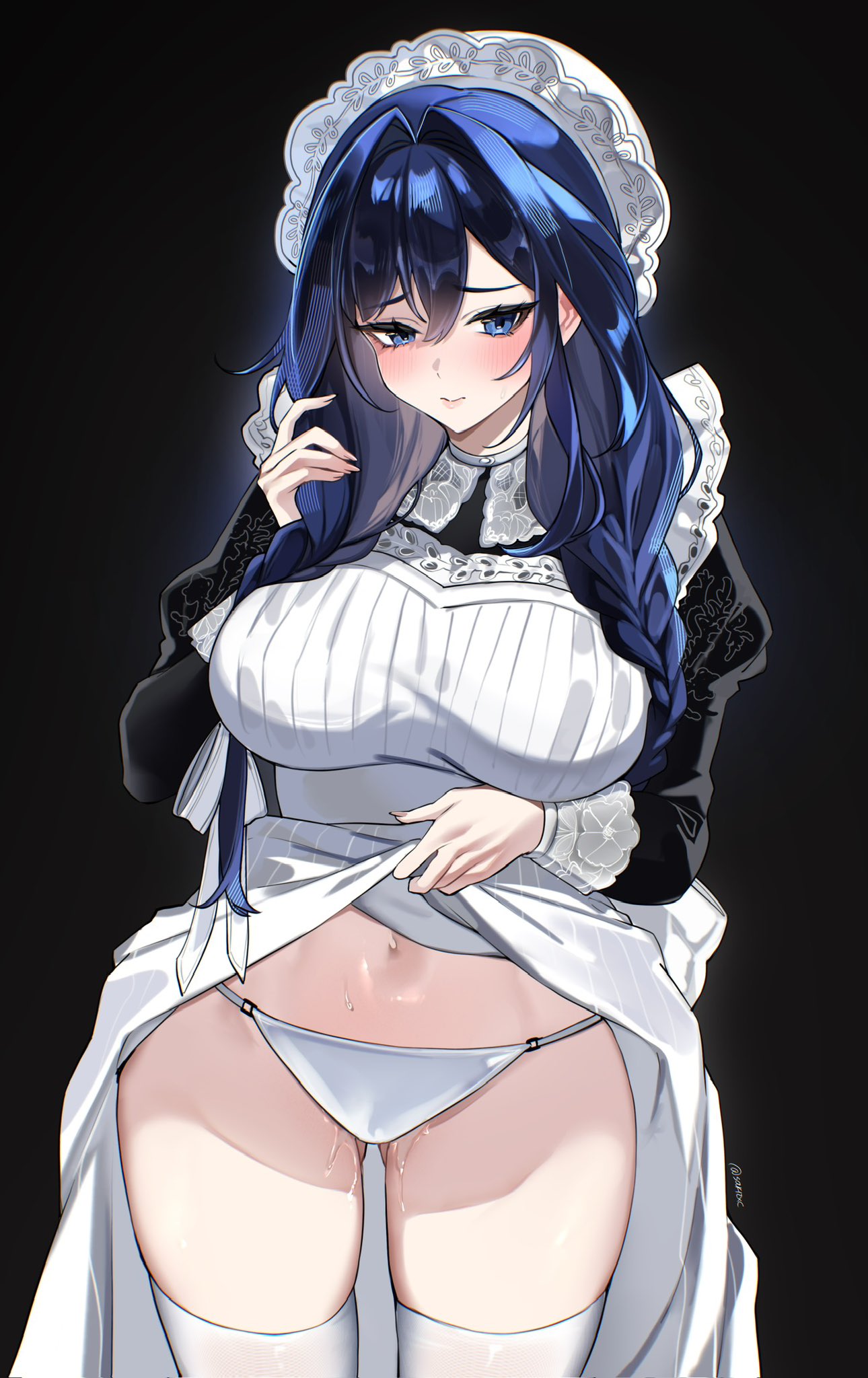 1girls, black background, blue eyes, blue hair, blush, bonnet, braid, breasts, clothes lift, cowboy shot, dress, dress lift, female, highres, hololive, hololive english, hololive english -council-, hololive english -promise-, large breasts, lifting own clothes, light skin, light-skinned female, long hair, looking at viewer, official alternate costume, official alternate hairstyle, ouro kronii, ouro kronii (maid), panties, puffy sleeves, pussy, pussy juice, sakichka (sakizxc), solo, thighhighs, twin braids, underwear, very long hair, virtual youtuber, white panties, white thighhighs