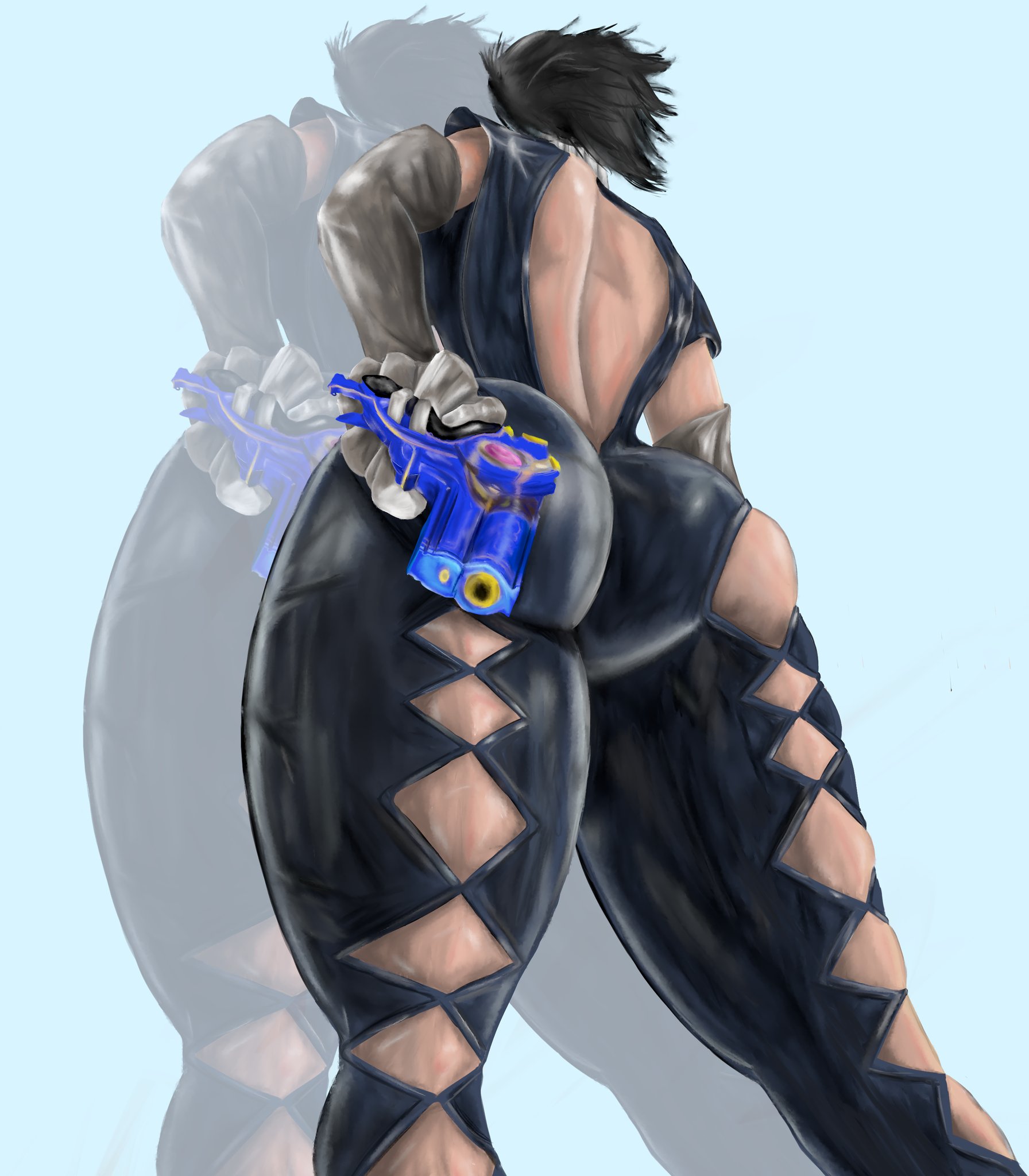 2d, 2d (artwork), ass, back view, backboob, backless outfit, bayonetta, bayonetta (character), bayonetta 2, black hair, breasts, female, giant ass, gothic, gun, huckleberry8181, huge ass, huge breasts, sega, thick, thick ass, thick legs, thick thighs
