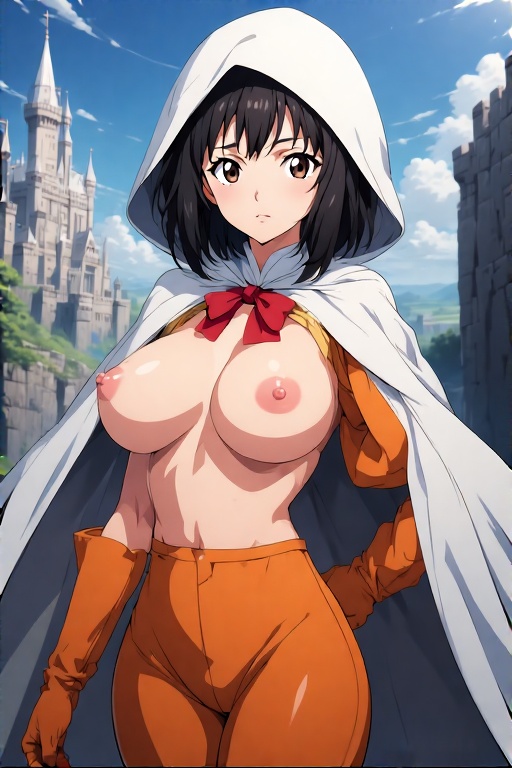1girls ai ai_generated anniversary breasts breasts_out cape castle dark_hair female female_focus female_only final_fantasy final_fantasy_ix garnet_til_alexandros_xvii gloves hood hood_up looking_at_viewer necktie nipples orange_gloves orange_pants pants queen quinzo11 red_necktie self_upload short_hair square_enix standing standing_female white_cape white_hood