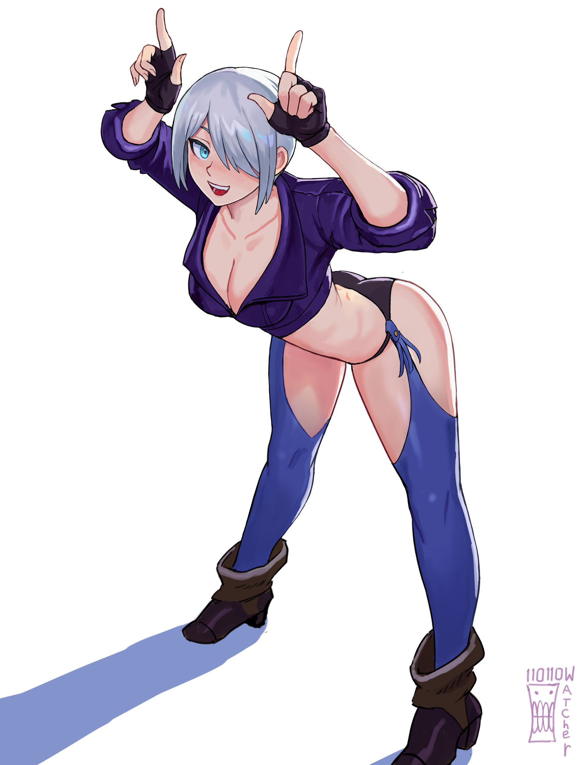 1girls, angel (kof), arched back, ass, bare thighs, bent over, bimbo, black gloves, black panties, black underwear, blue eyes, blush, boots, breasts, cleavage, cowboy boots, crop top, cropped jacket, cute, female, female focus, female only, fingerless gloves, footwear, gloves, hair over one eye, heel boots, heeled boots, hi res, high resolution, highres, hollow watcher, jacket, king of fighters, king of fighters xv, kof, leather jacket, light skin, light-skinned female, looking at viewer, medium breasts, medium hair, pale skin, pale-skinned female, panties, pose, posing, silhouette, skimpy, skimpy clothes, smile, smiling, smiling at viewer, snk, snk heroines: tag team frenzy, solo, solo female, solo focus, the king of fighters, thighs, tomboy, underwear, very high resolution, white background, white hair