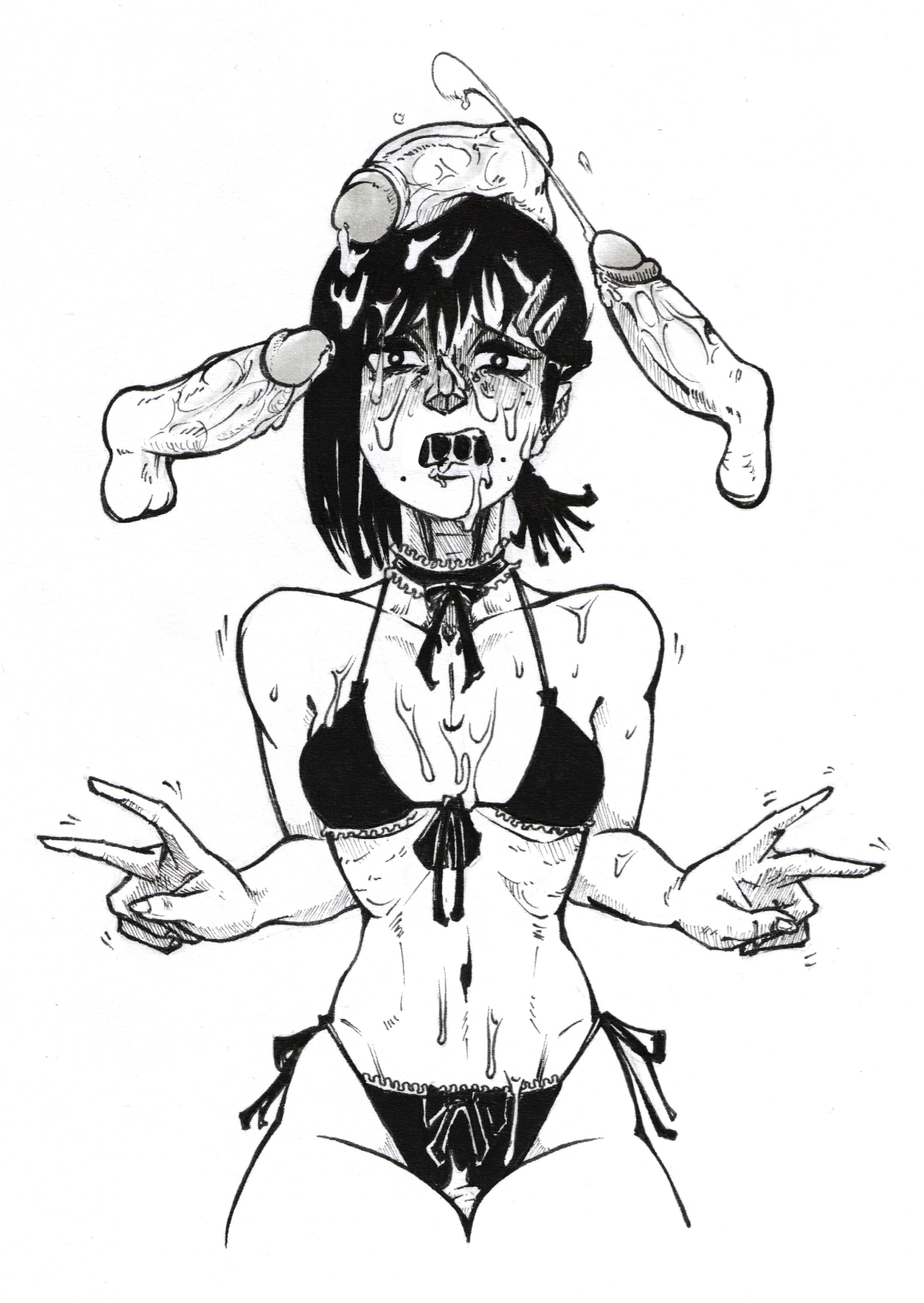 1girls, 3boys, after oral, big cock, big dick, big penis, birthmark, black bikini, black bikini bottom, black bikini only, black bikini top, black bra, black hair, black mascara, black panties, black ribbon, blush, blush lines, blushed face, blushing female, breasts, bukkake, chainsaw man, cock, cum, cum drip, cum dripping, cum dripping from mouth, cum dripping from penis, cum in mouth, cum on body, cum on bra, cum on breasts, cum on face, cum on hair, cum on hand, cum on hands, cum on nose, cum on panties, cum on penis, cum on shoulder, cum on teeth, cum on tongue, cum on upper body, cumming, cumming on breasts, cumming on face, cumming together, cumshot, cumshot on face, cumstring, dick, ejaculate, ejaculating, ejaculating cum, ejaculation, ejaculation in mouth, female, female focus, gangbang, group sex, hairclip, hands up, higashiyama kobeni, high quality, high resolution, horny, horny face, horny female, kobeni higashiyama, male, mascara, medium hair, mole, mole under eye, mole under mouth, monochrome, mostly nude, mostly nude female, multiple ejaculations, multiple penises, navel, neck ribbon, neckerchief, necklace, open mouth, oral, oral creampie, oral sex, penis, penis on head, prostitution, ribbon, ribbon bondage, ribbon bra, ribbon choker, ribbon panties, ribs, saliva, saliva on penis, saliva trail, schnitzeltag, sex, shaking, shaking hands, shoulders up, simple background, skinny, skinny female, skinny legs, slender body, sloppy, small boobs, small breasts, smaller female, string bikini, string bikini bottom, string bra, string panties, teeth, teeth visible, thigh highs, thighhighs, thighs, thin, thin arms, thin female, thin thighs, v arms, v sign, v string bikini, vein, veins, veins on dick, veiny, veiny penis