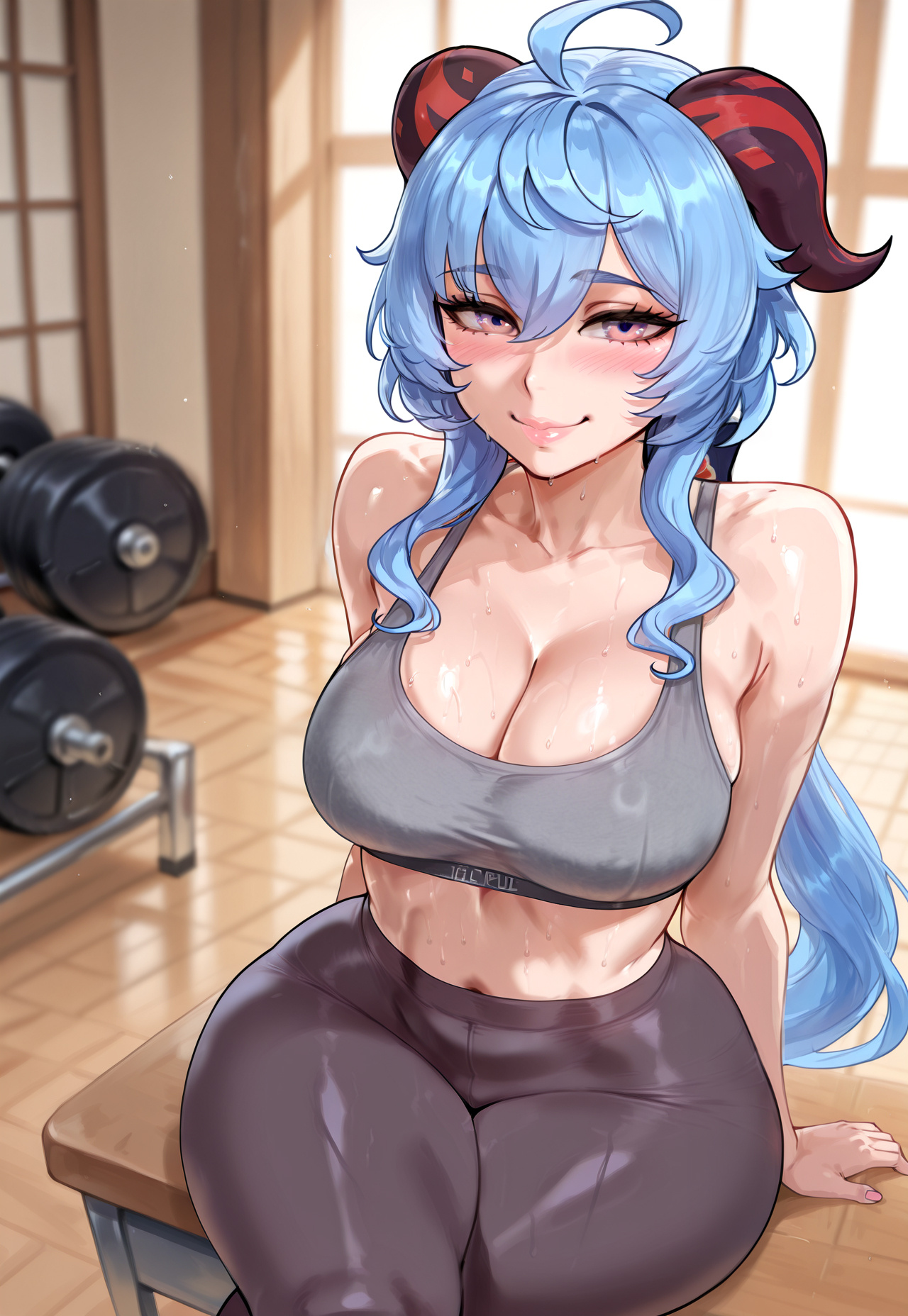 ai assisted, ai generated, amiral ai, ass, big ass, big breasts, blush, blushing at viewer, breasts, crossed legs, female, ganyu (genshin impact), genshin impact, gym, smile, smiling at viewer, sports bra, sweating, sweaty, thick ass, thick thighs
