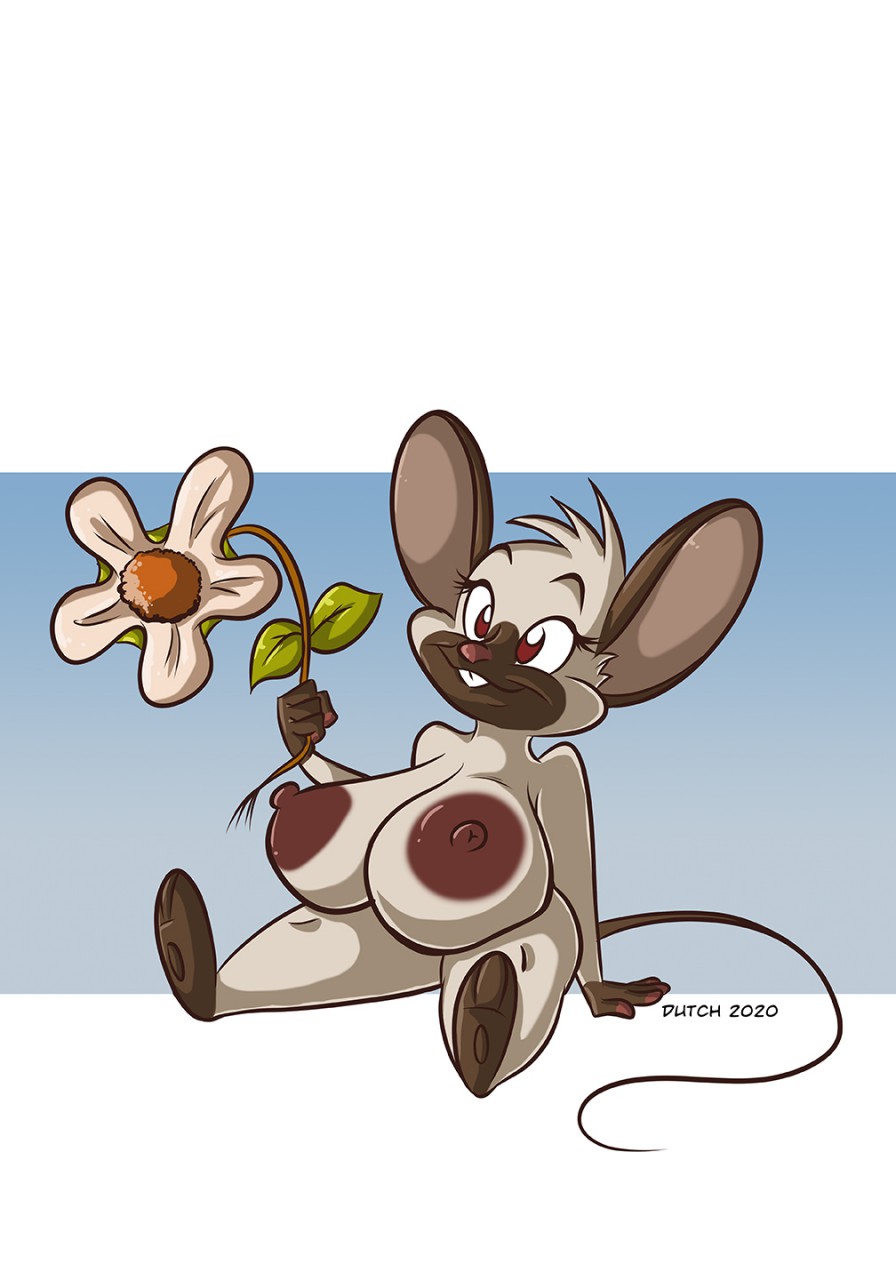 2020 almond_(dutch) anthro areola big_areola big_breasts breasts brown_body brown_fur buckteeth digital_media_(artwork) dutch_(artist) female flower fur hi_res huge_breasts mammal mouse murid murine nipples nude plant rodent siamese_mouse sitting solo tan_body tan_fur teeth