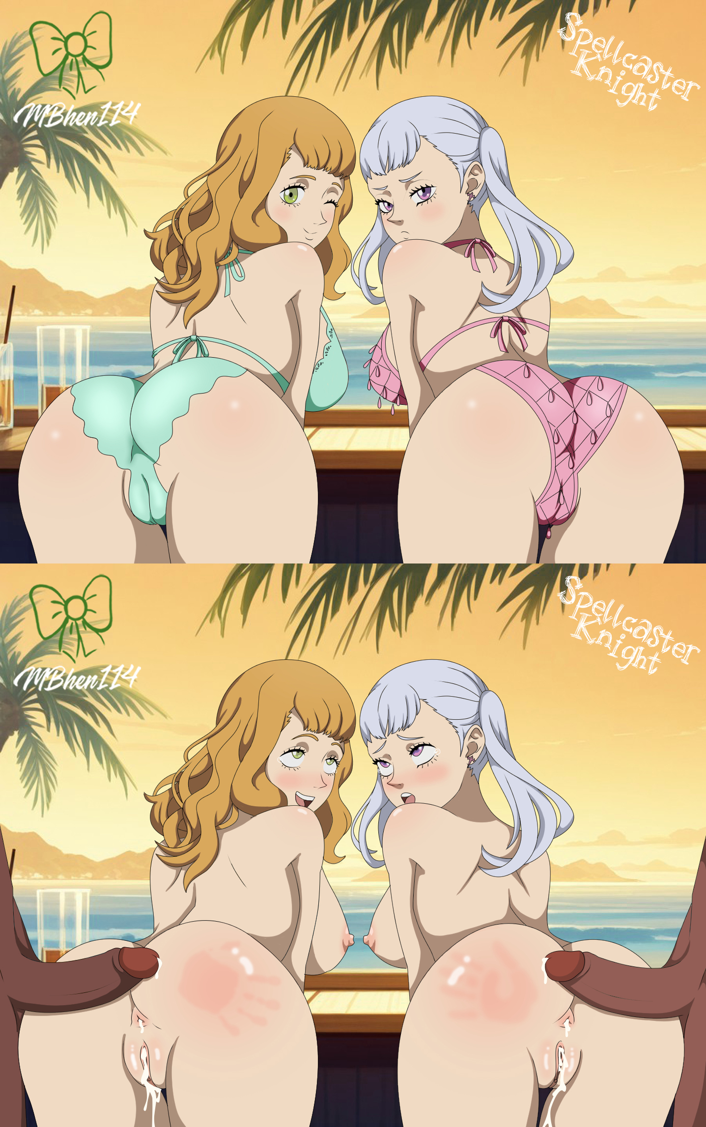 2boys, 2girls, after anal, after sex, after vaginal, ass, ass focus, beach, beach background, bending over, bikini, black clover, crying, crying with eyes open, cum, cum drip, cum dripping, cum dripping from ass, cum dripping out of pussy, cum in ass, cum in pussy, cum inside, dark skin, dark-skinned dom, dark-skinned male, eyes rolling back, female, foursome, green eyes, instant loss 2koma, interracial, long hair, looking at viewer, looking back, male, mbhen114, mimosa vermillion, multiple boys, multiple females, multiple girls, multiple males, noelle silva, open mouth, penis, purple eyes, pussy, smile, spank marks, spanked ass, spanked booty, spanked butt, spanked mark, spellcaster knight, tears, twintails, white hair, wink