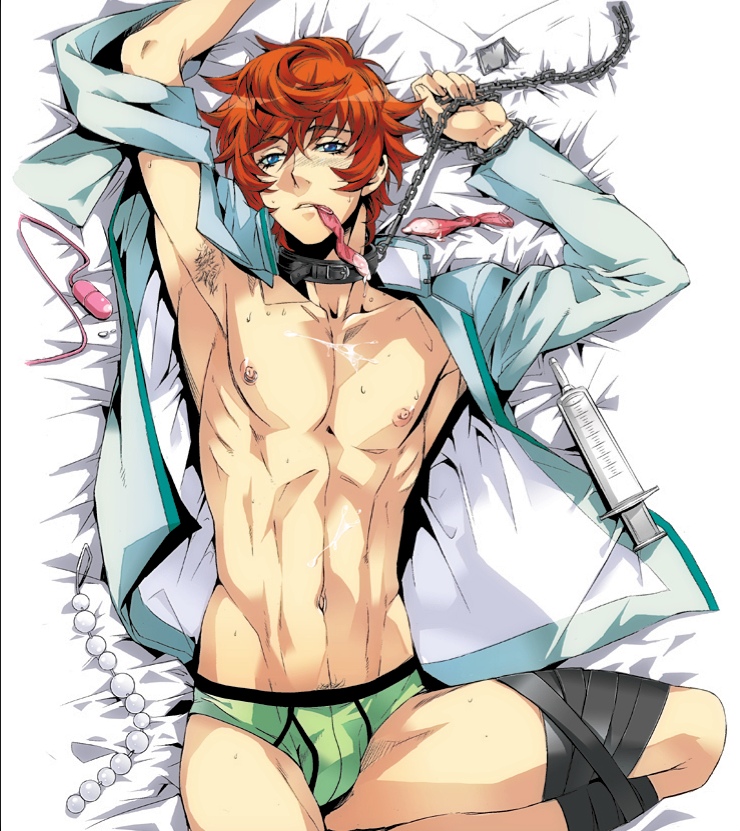 1boy anal_beads armpit_hair belt blue_eyes blush bondage briefs bulge chained chains collar condom cum cum_on_body cum_on_upper_body egg_vibrator filled_condom green_underwear male male_only muscle nipples on_bed open_clothes open_shirt orange_hair pillow prince_of_tennis sengoku_kiyosumi solo syringe underwear undressing used_condom vibrator yamada_3