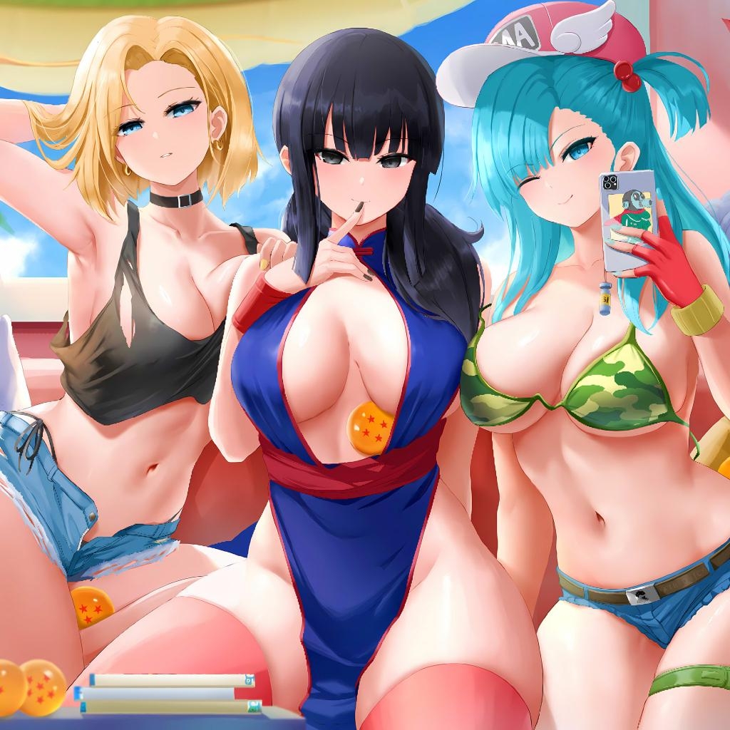 3girls, android 18, artist request, asian, asian female, ass, big breasts, breasts, bulma, bulma (dragon ball), bulma briefs, cameltoe, chichi, chichi (dragon ball), cleavage, curvy, dragon ball, dragon ball (classic), dragon ball z, dragonball, dragonball z, female, huge ass, pussy, teenage bulma, thick lips, voluptuous, wide hips