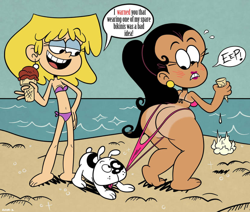 1boy, 2girls, accurate art style, ass, beach, big ass, big butt, bikini, bikini bottom, bikini bottom pull, bikini pull, bikini top, black hair, blonde female, blonde hair, blonde-haired female, blush, blush lines, bubble butt, canid, canine, canis, carlota casagrande, chocolate ice cream, dark skin, dark-skinned female, dialogue, domestic dog, dropping object, exposed, exposed ass, female, feral, huge ass, humiliation, ice cream, interracial, large ass, light skin, light-skinned female, long ponytail, lori loud, nickelodeon, nickelodeon animation studio, ocean, pet, pink bikini, ponytail, public exposure, purple bikini, short hair, tanline, tanlines, text, text bubble, the casagrandes, the loud house, thicc, vanilla ice cream, water, zoda-z