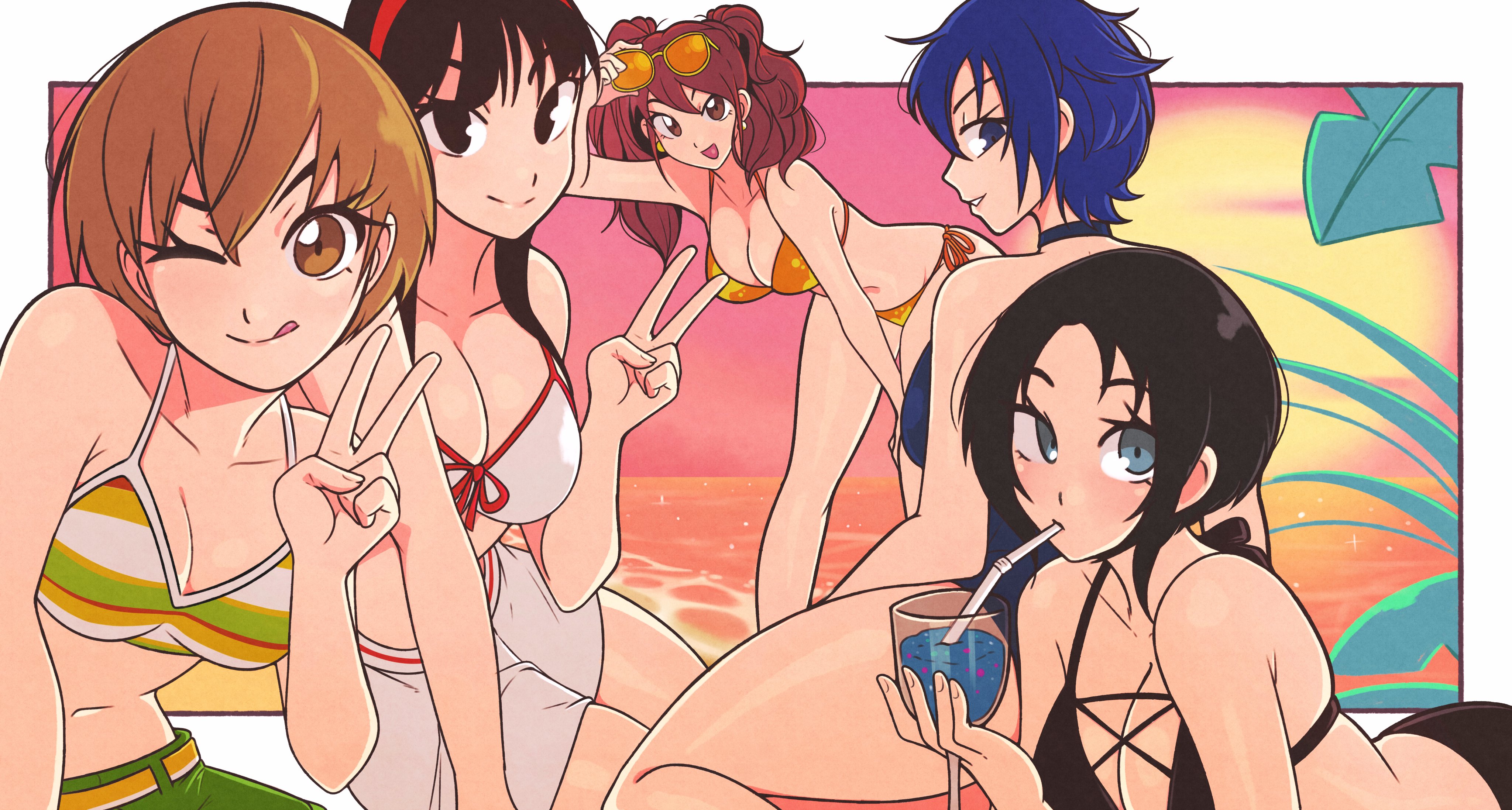 :d, :p, 5girls, absurdres, amagi yukiko, bikini, bikini shorts, black bikini, black eyes, black hair, blue eyes, blue one-piece swimsuit, bow, bow bikini, breasts, brown eyes, brown hair, cleavage, commentary, cross-laced bikini, cross-laced clothes, cup, cupping glass, drinking straw, female, hair between eyes, highres, holding, holding cup, jeffmiga, kujikawa rise, large breasts, looking at viewer, marie (persona 4), multiple females, multiple girls, one eye closed, one-piece swimsuit, open mouth, outline, persona, persona 4, satonaka chie, shirogane naoto, short hair, shorts, smile, striped bikini, striped clothes, sunset, swimsuit, tongue, tongue out, twintails, v, white bikini, yellow bikini