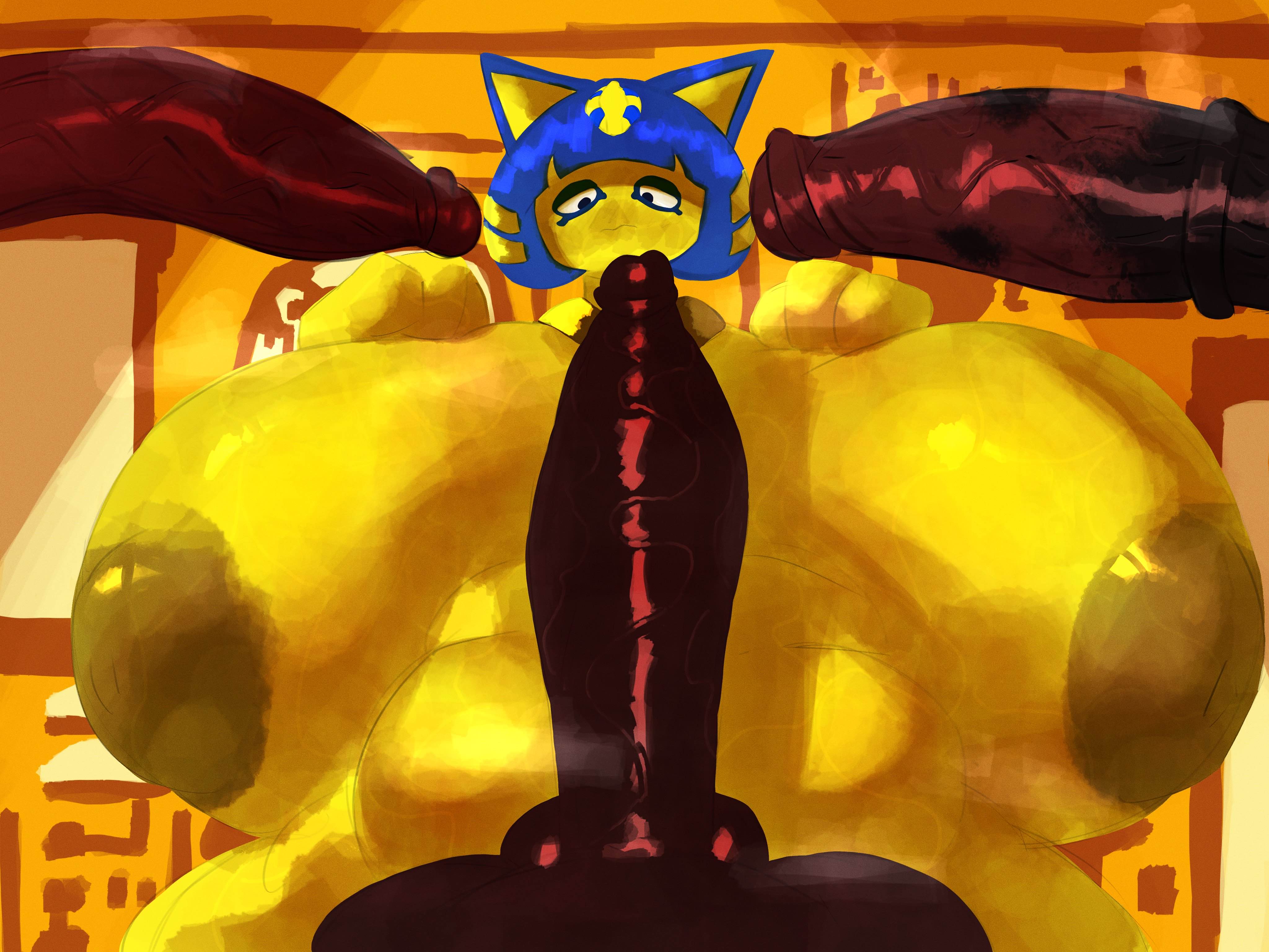 1girls, 3boys, adawndraws, animal crossing, ankha, ankha (animal crossing), anthro, anthro female, areola, areolae, balls, ballsack, belly, big breasts, big hips, big penis, big thighs, black pupils, blue hair, breasts, cat ears, colored, colored background, dark penis, dark skin, dark-skinned male, dark-skinned penis, egyptian, female, foreskin, foreskin folds, headgear, headwear, high resolution, highres, horse penis, horsecock, huge breasts, huge cock, huge hips, huge thighs, imminent gangbang, imminent sex, looking at penis, male, naked, naked female, nintendo, nipples, nude, nude female, penis, pudgy belly, short hair, staring at penis, steam, steaming body, steamy penis, stomach, sweat, sweatdrop, sweating, sweaty, sweaty body, sweaty breasts, testicles, tummy, uncircumcised, veiny, veiny penis, voluptuous, voluptuous female, yellow areola, yellow areolae, yellow body, yellow fur