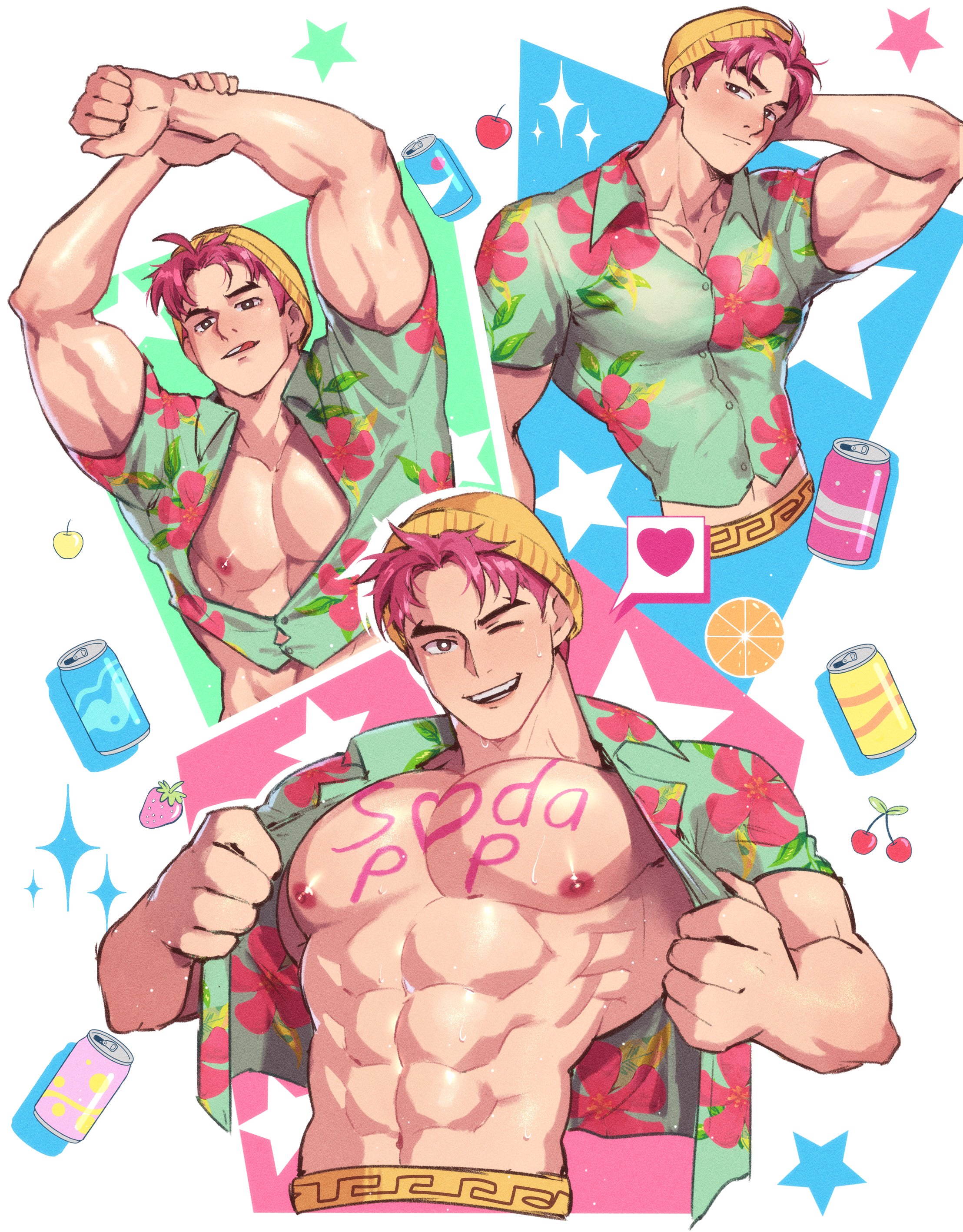 1boy, abby (kpop demon hunters), abs, bara, big pecs, breasts, gay, heart symbol, jackray85674939, kpop demon hunters, male, male only, muscular, muscular male, open shirt, saja boys, solo, solo male, sweat, winking at viewer, writing on breasts, yaoi