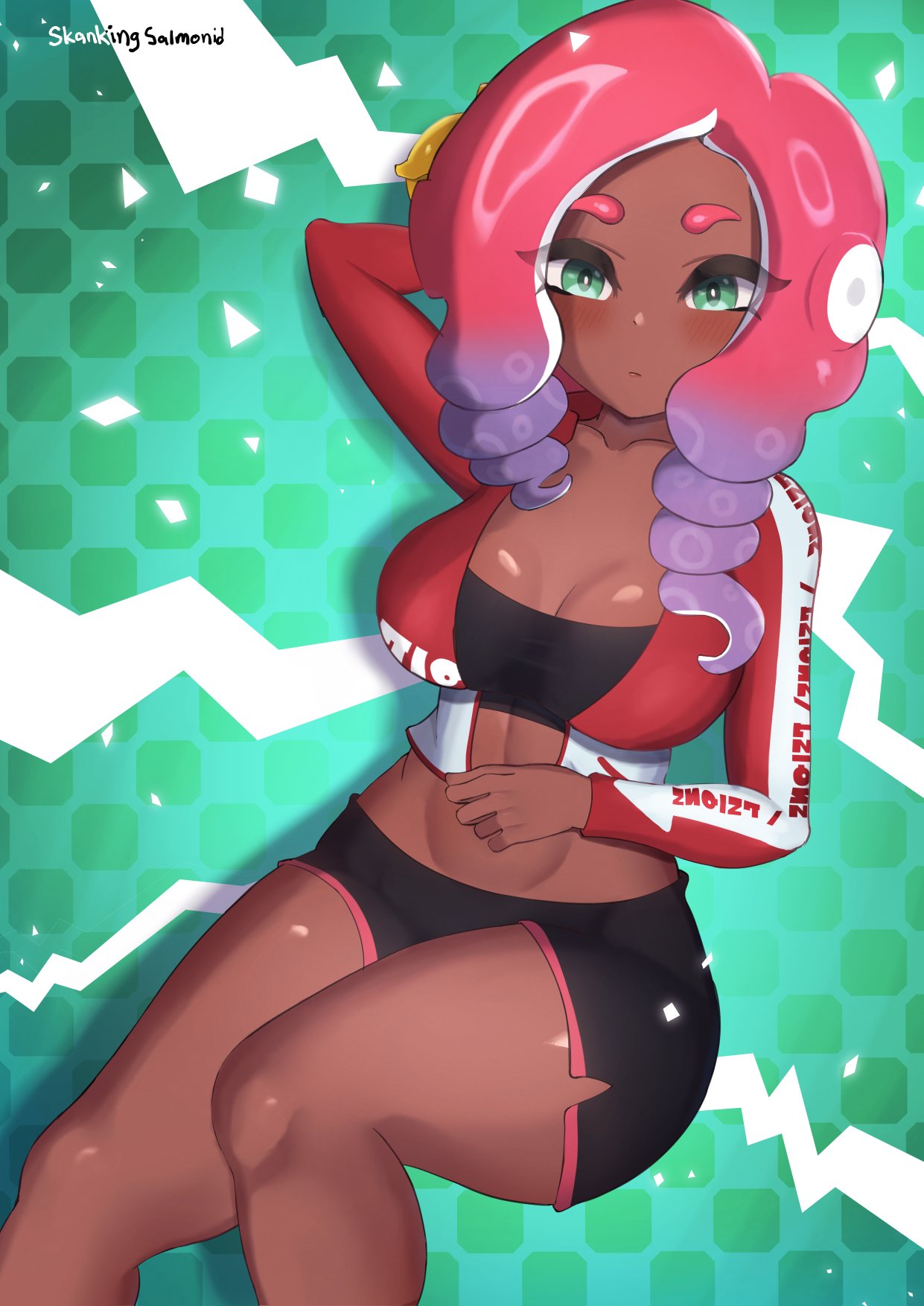 1girls, artist name, breasts, cleavage, curly hair, dolphin shorts, female, golden toothpick (splatoon 2), green eyes, jacket, jacket open, large breasts, long sleeves, looking at viewer, nintendo, octoling, octoling girl, one arm behind head, open jacket, original character, shell (retrogamerwren), shiny skin, shorts, skankingsalmonid, solo, solo female, solo focus, splatoon, splatoon (series), splatoon 2, splatoon oc, tentacle hair, thick thighs, thighs, two-tone hair