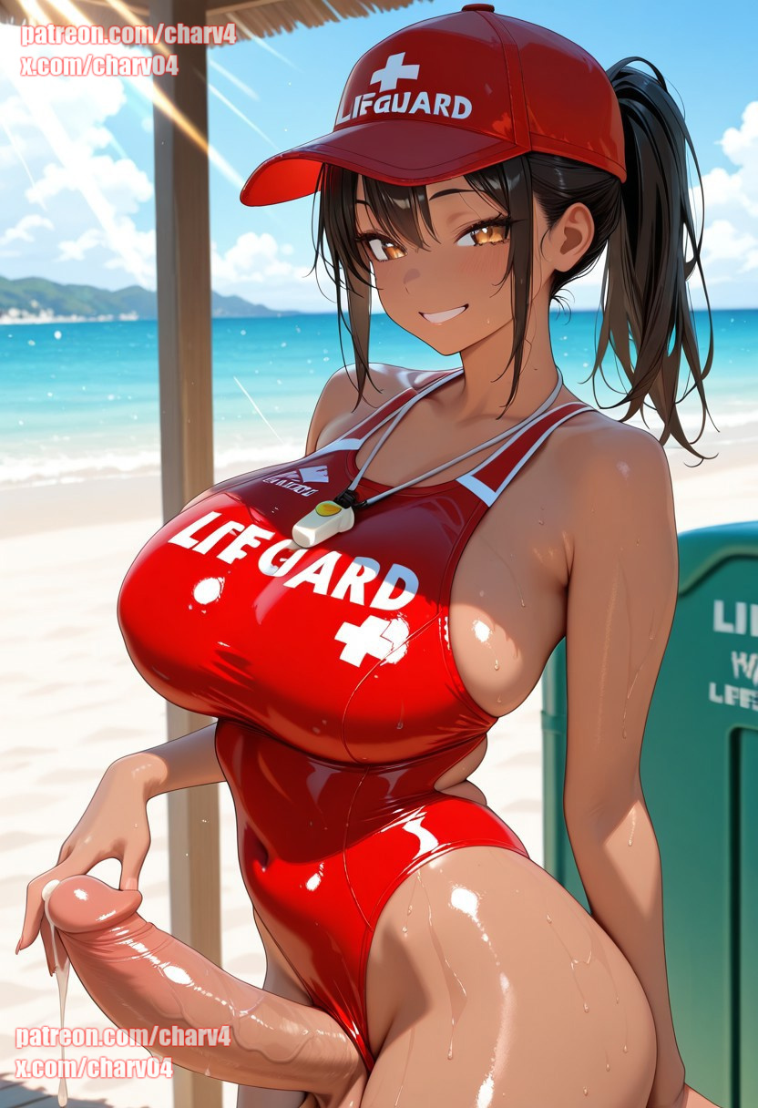 1futa, ai generated, ass, beach, big ass, big breasts, big penis, breasts, charv, dark skin, futa focus, futa only, futanari, intersex, lifeguard, penis, red hat, red swimsuit, sunlight